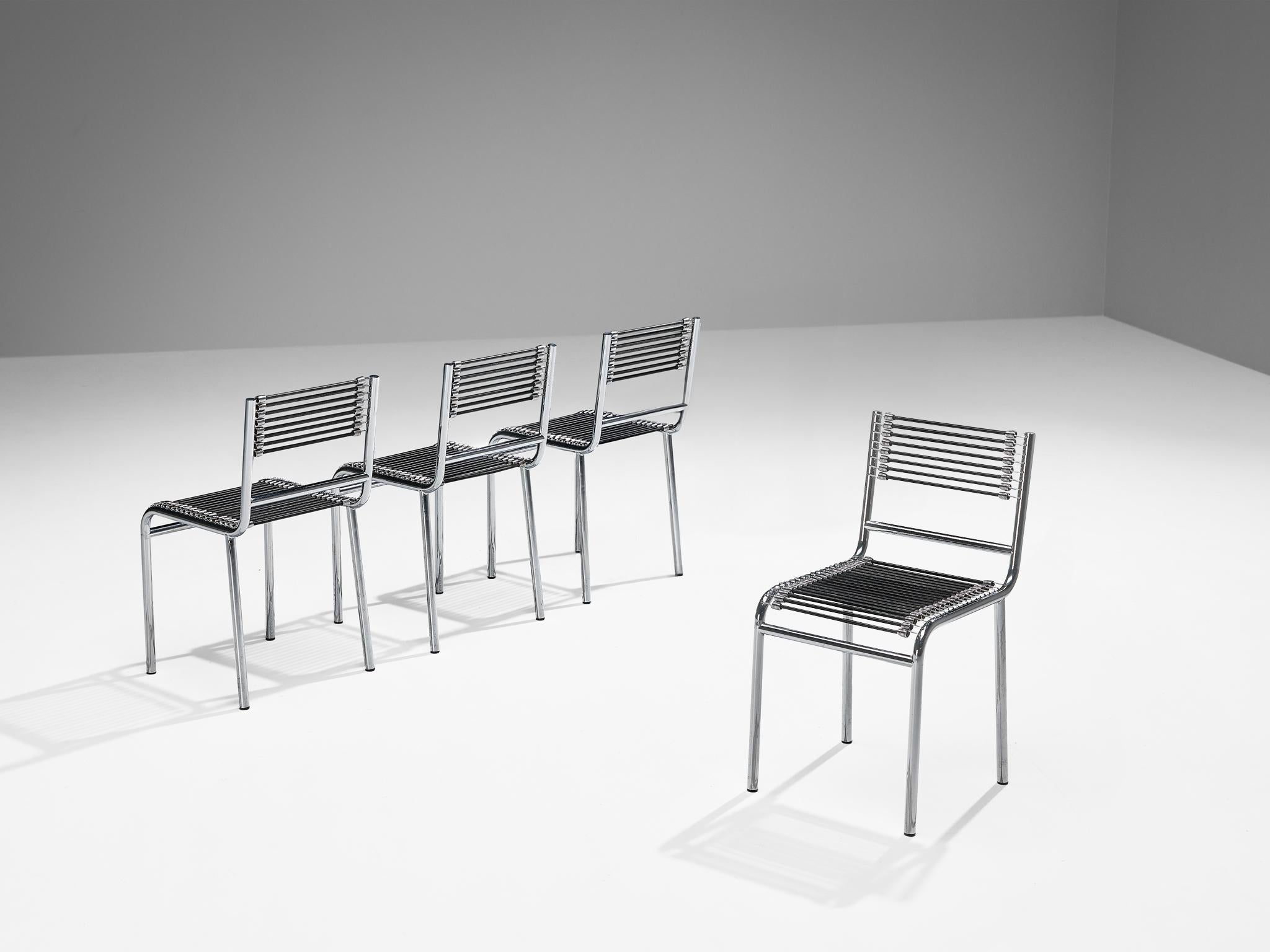 René Herbst, 'Sandows' chairs, model '101', chrome-plated steel, elastic rope, France, design 1928, produced 1970s

The 'Sandows' chair epitomizes the industrial advancements of the twenties, featuring a tubular steel construction integrated with