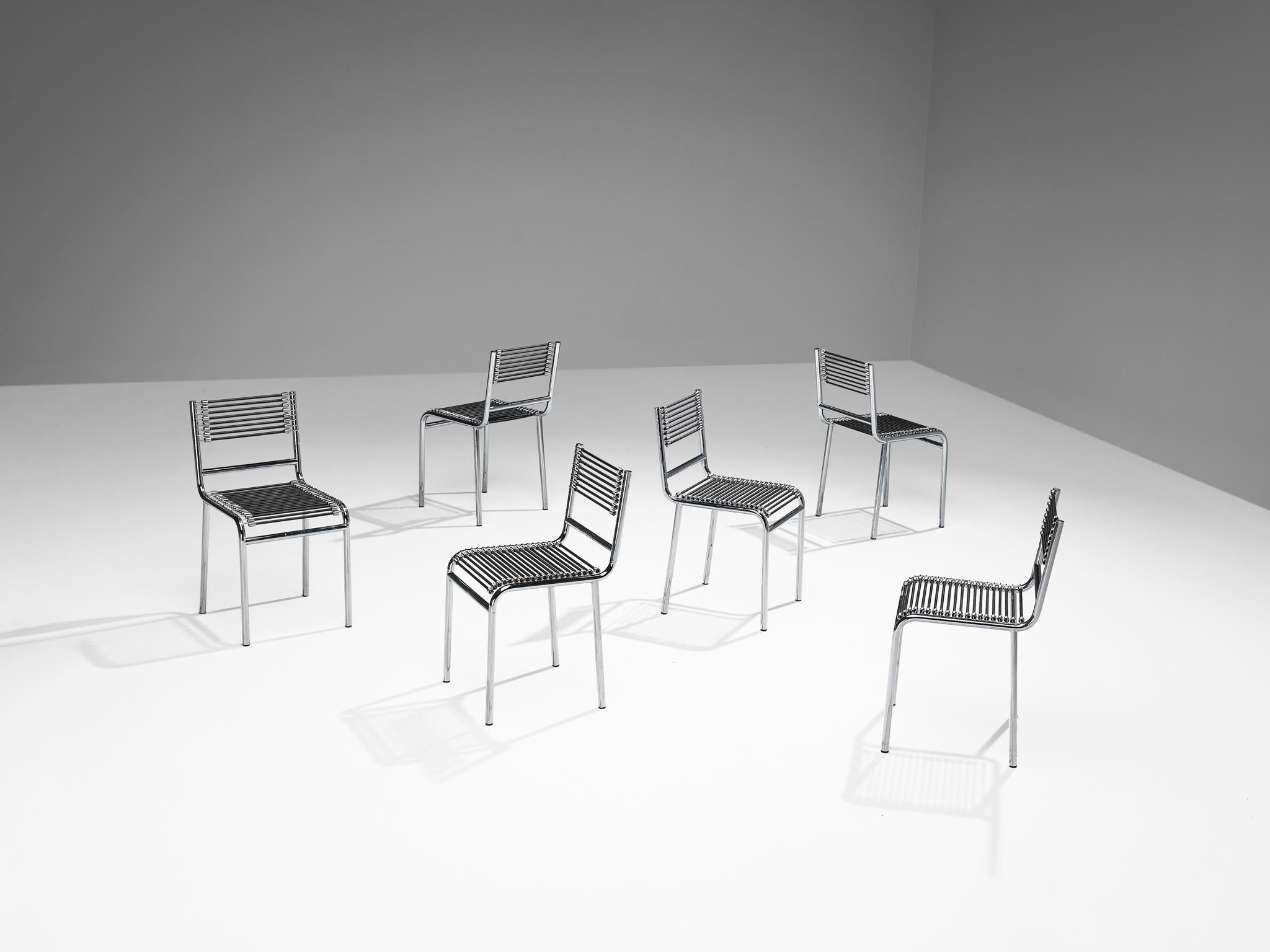 René Herbst, set of six 'Sandows' chairs, model '101', chrome-plated steel, elastic rope, France, design 1928, produced, 1970s.

The 'Sandows' chair epitomizes the industrial advancements of the twenties, featuring a tubular steel construction