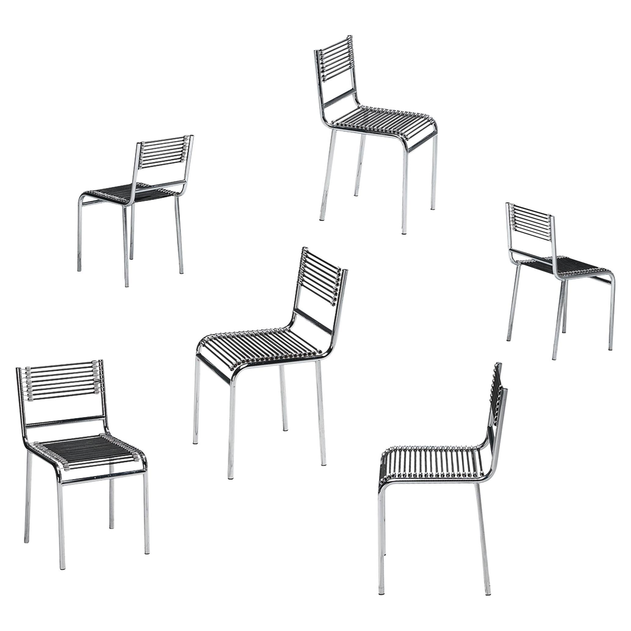 René Herbst Set of Six 'Sandows' Dining Chairs in Steel and Cord For Sale