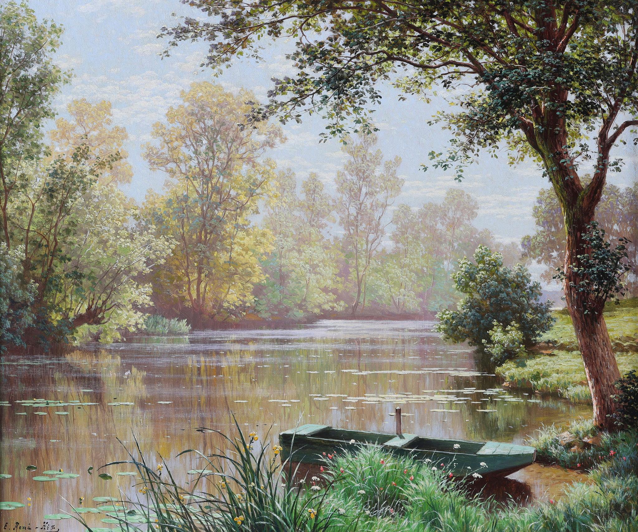 'A Still Summers Day' . An antique oil painting of a river landscape - Painting by Rene His