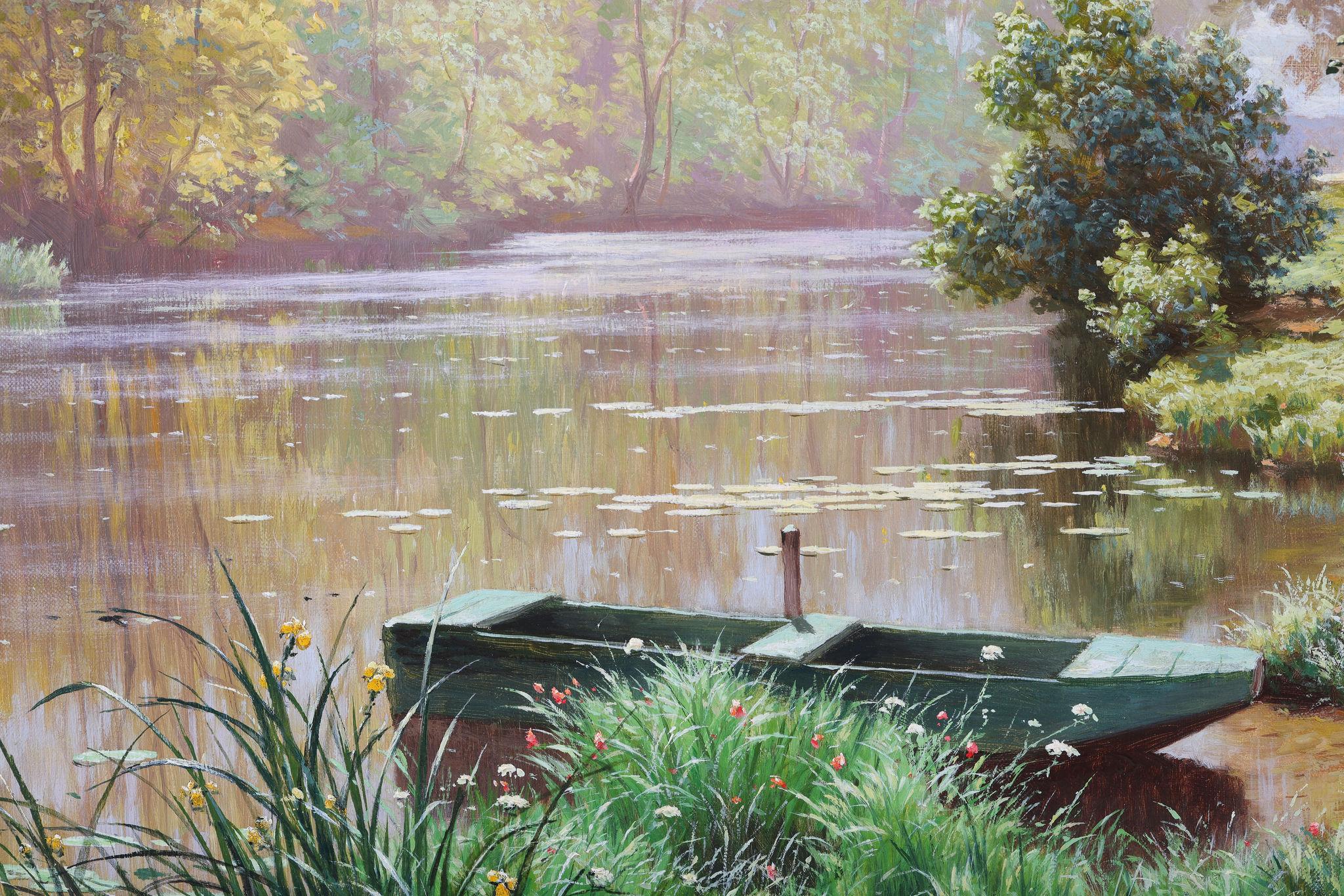 'A Still Summers Day' . An antique oil painting of a river landscape - Impressionist Painting by Rene His