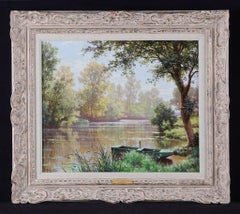'A Still Summers Day' . An antique oil painting of a river landscape