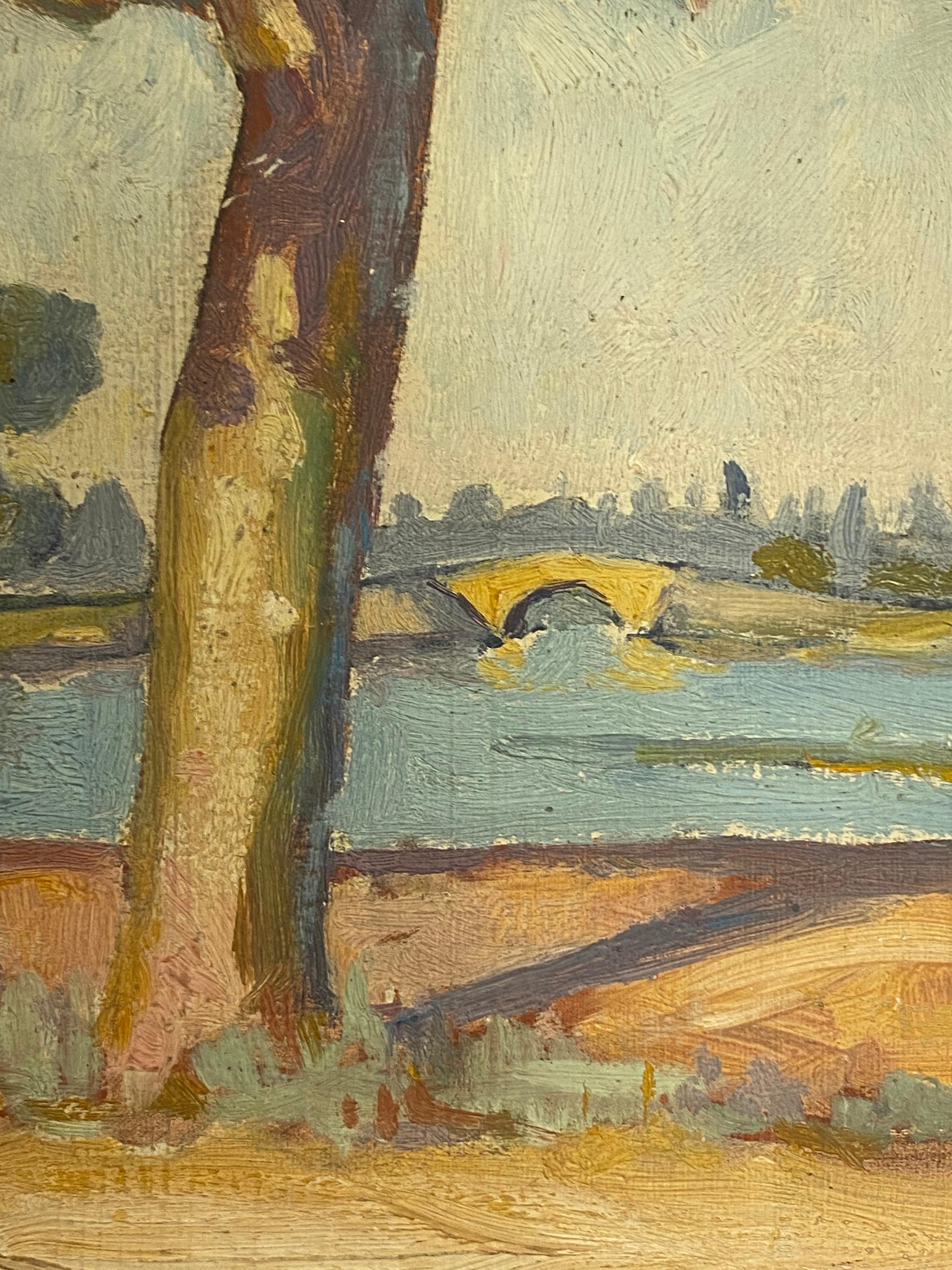 RENE HUTET (1907-1994) Huile impressionniste française - Paysage fluvial, Provence - Marron Landscape Painting par Rene Hutet