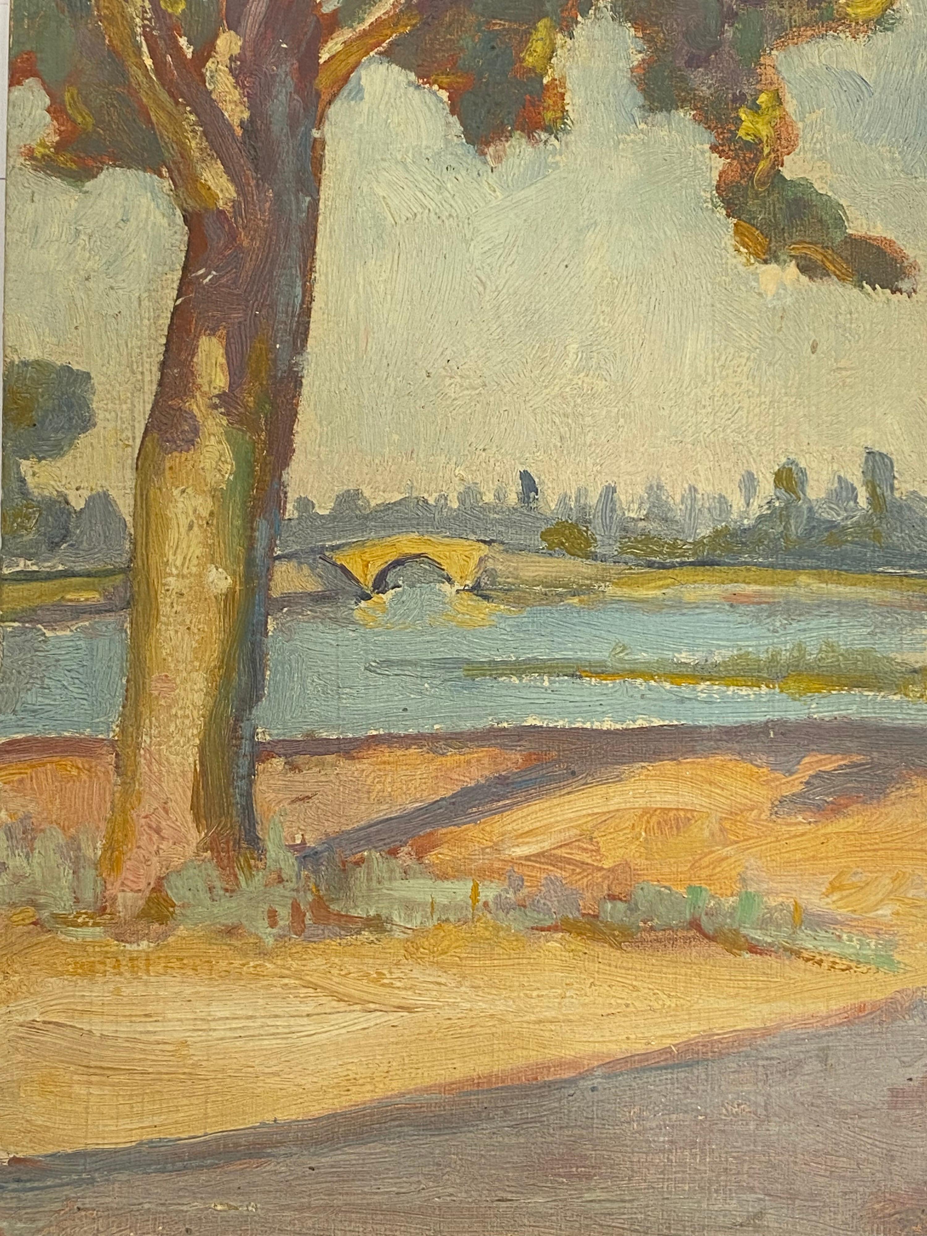 Landscape Painting Rene Hutet - RENE HUTET (1907-1994) Huile impressionniste française - Paysage fluvial, Provence