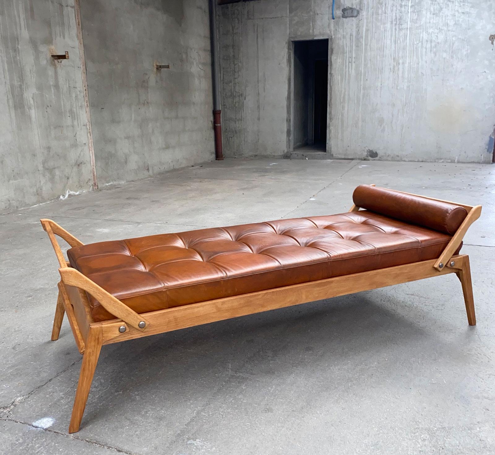 René-Jean Caillette 
leather daybed Charron edition in perfect condition 
oak.