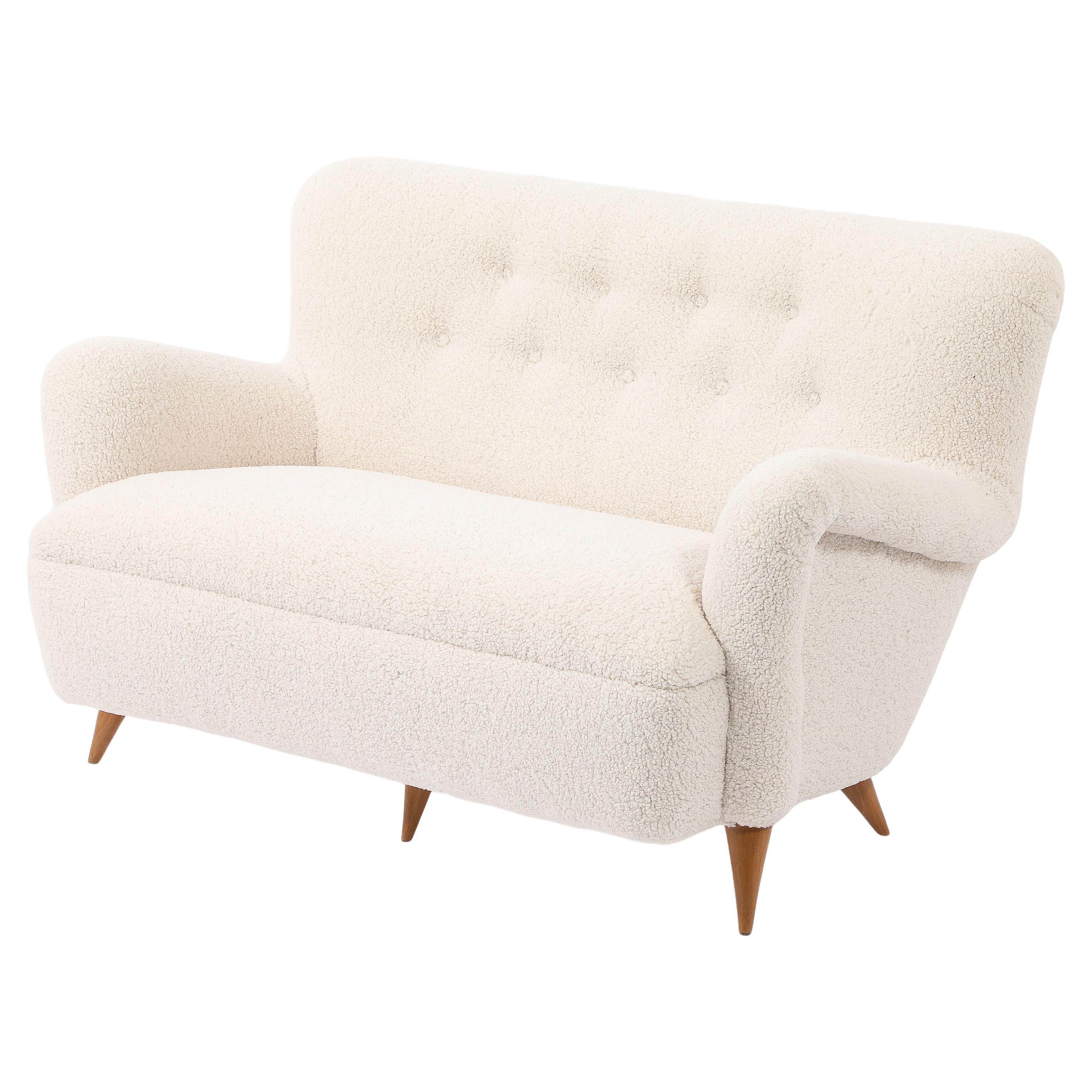 Rene Jean Caillette Settee Upholstered in Faux Shearling, France 1950's