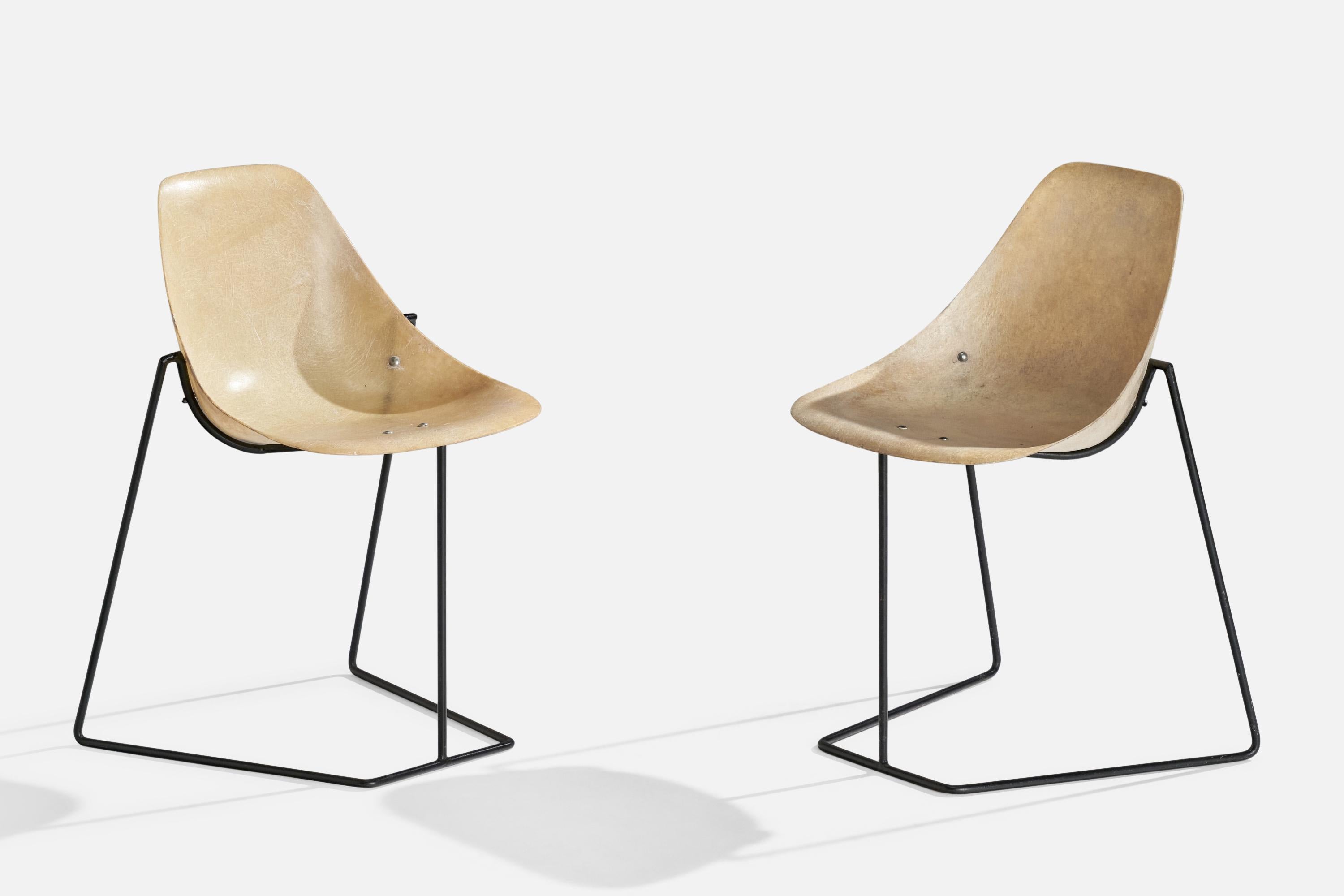 A pair of black-painted metal and fiberglass side chairs designed by Rene-Jean Caillette, France, 1957.

Seat height: 17