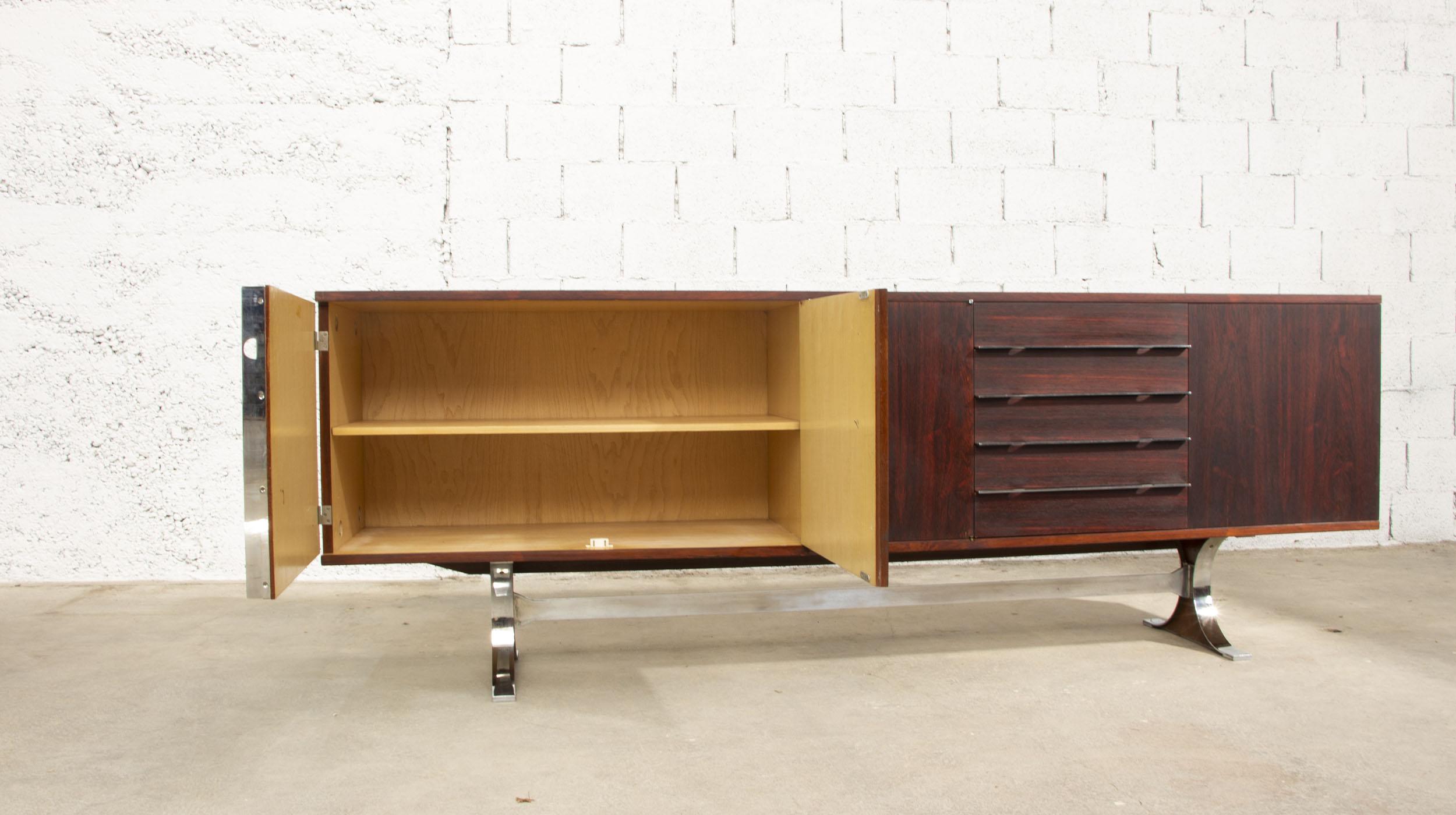 Stainless Steel René-Jean Caillette sideboard in palisander for Georges Charron  For Sale