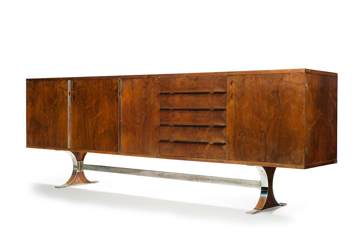 René-Jean Caillette, sideboard Sylvie, 1961.
Rosewood plywood, chromed steel.
