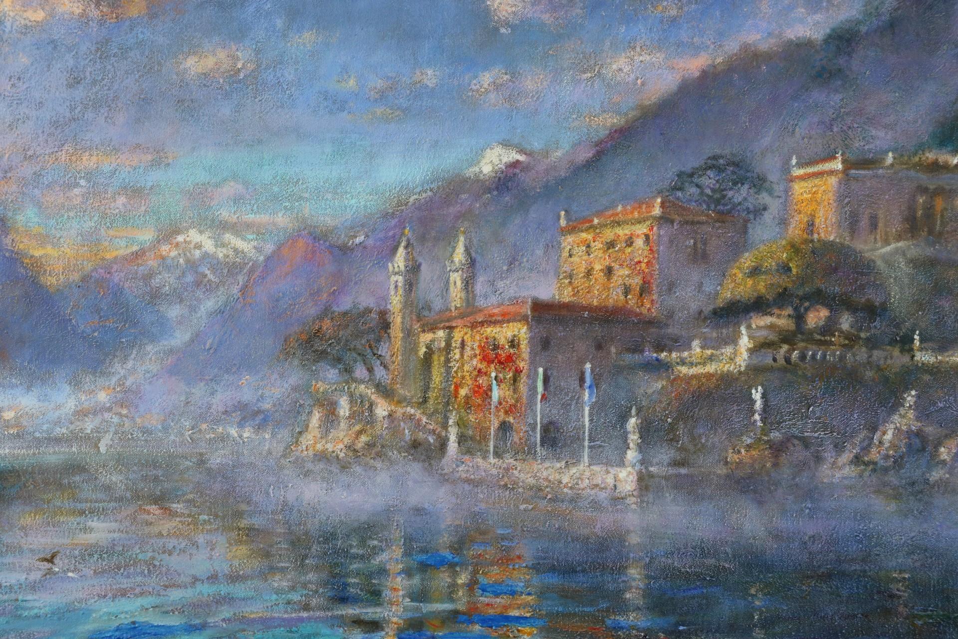 Brume d'automne, Villa Balbianello, lac de Como Grande peinture à l'huile des lacs et de la villa 