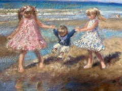Contemporary Figurative Impressionist Textured Oil Painting of Children on Beach