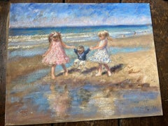 Contemporary Figurative Impressionist Textured Oil Painting of Children on Beach