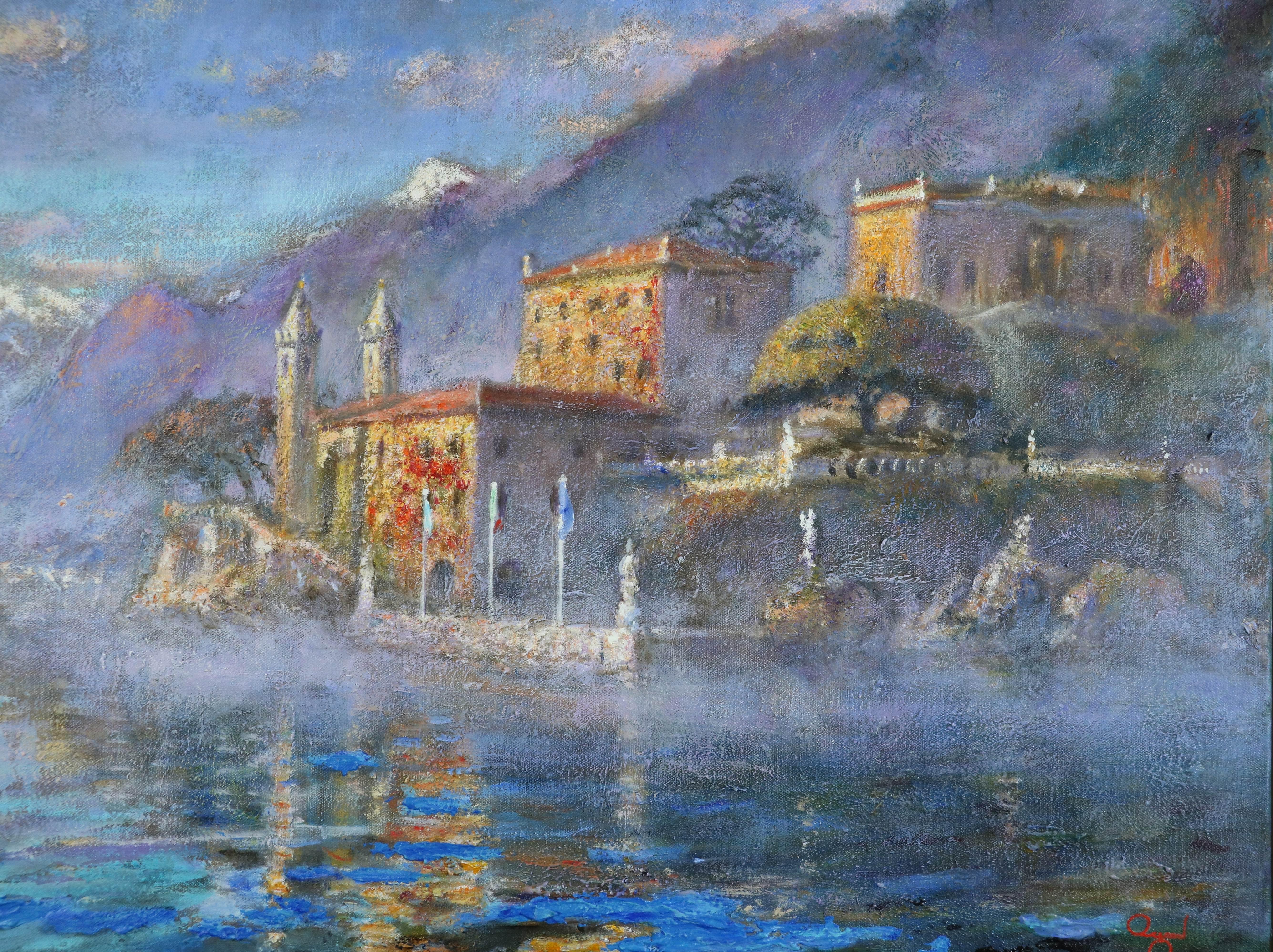 Modern Modernity Landscape Oil Painting Villa Balbianello, Lake Como Italy (en anglais) - Gris Landscape Painting par Rene Jerome Legrand 
