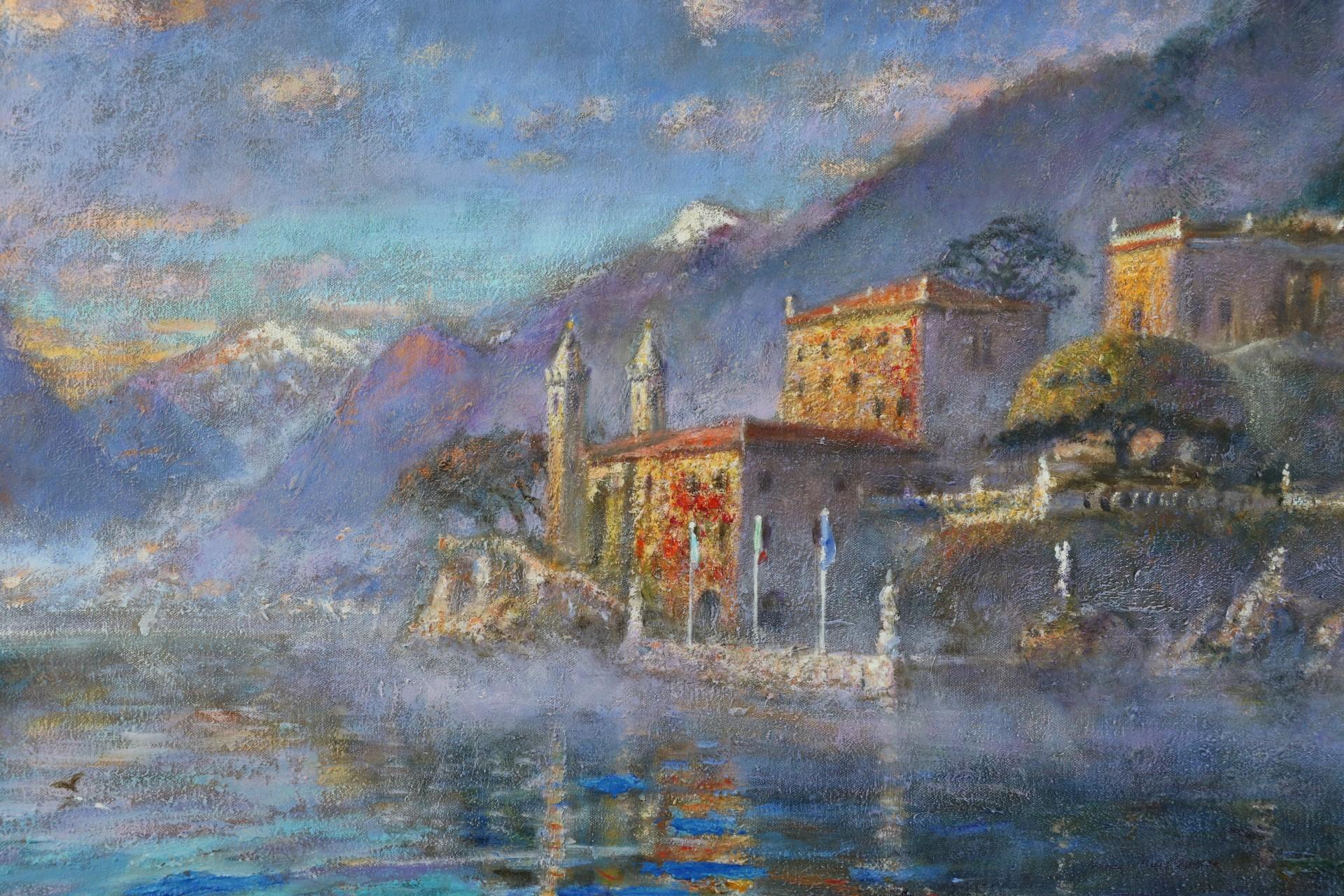 Peinture impressionniste moderne des brumes d'automne à l'huile  Villa Balbianello, lac de Como, Italie.  Une vue véritablement emblématique de l'un des endroits les plus pittoresques du monde.

Une belle et grande peinture à l'huile impressionniste