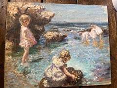 Modern Impressionist Traditional Oil Painting of Children playing ing on Beach