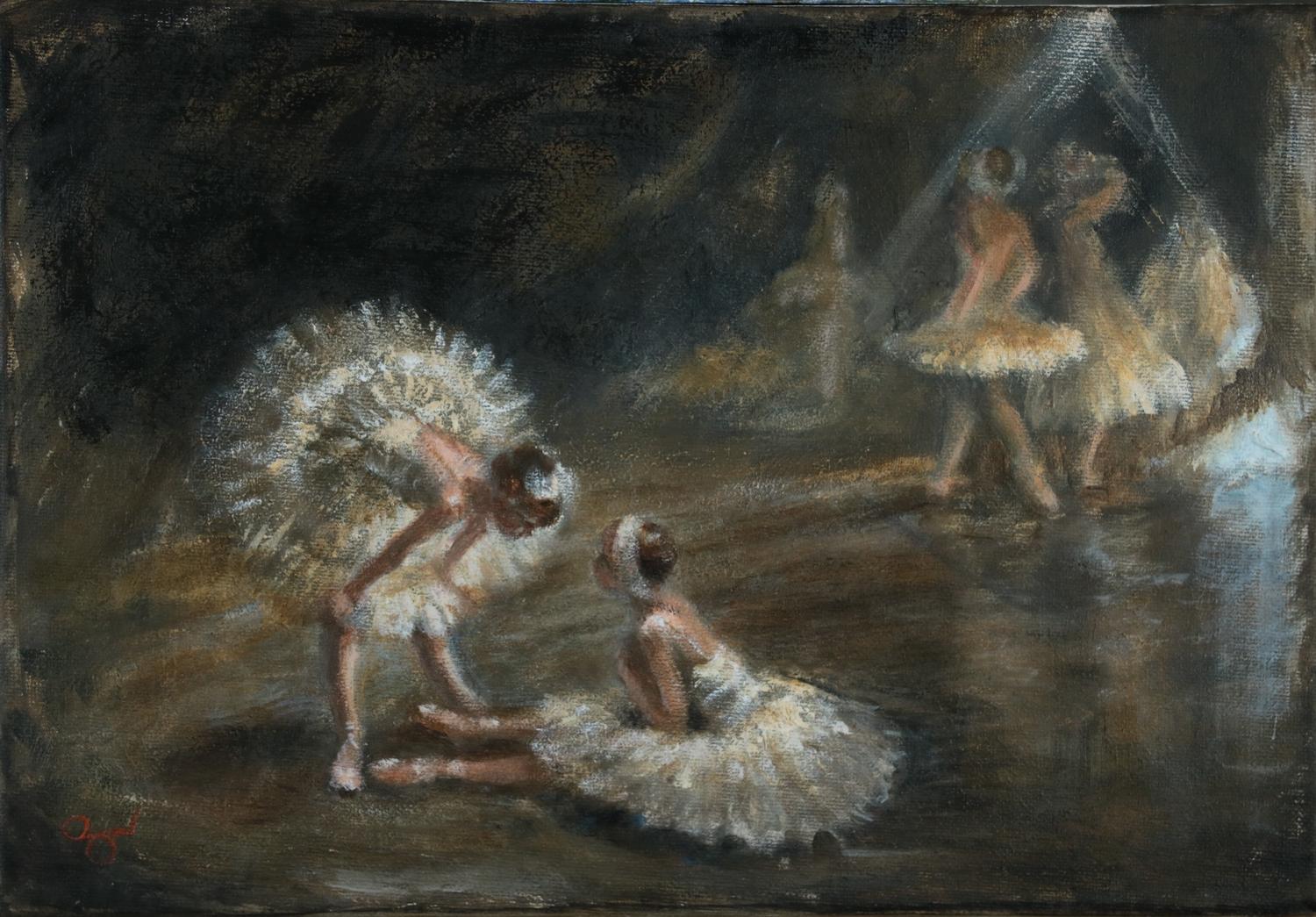 Rene Jerome Legrand  Figurative Painting - Traditional Impressionist oil painting of Ballet Dancers in Tutus backstage
