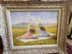 2 girls on picnic in meadow towards Clee Hill, Shrops.impressionist oil painting