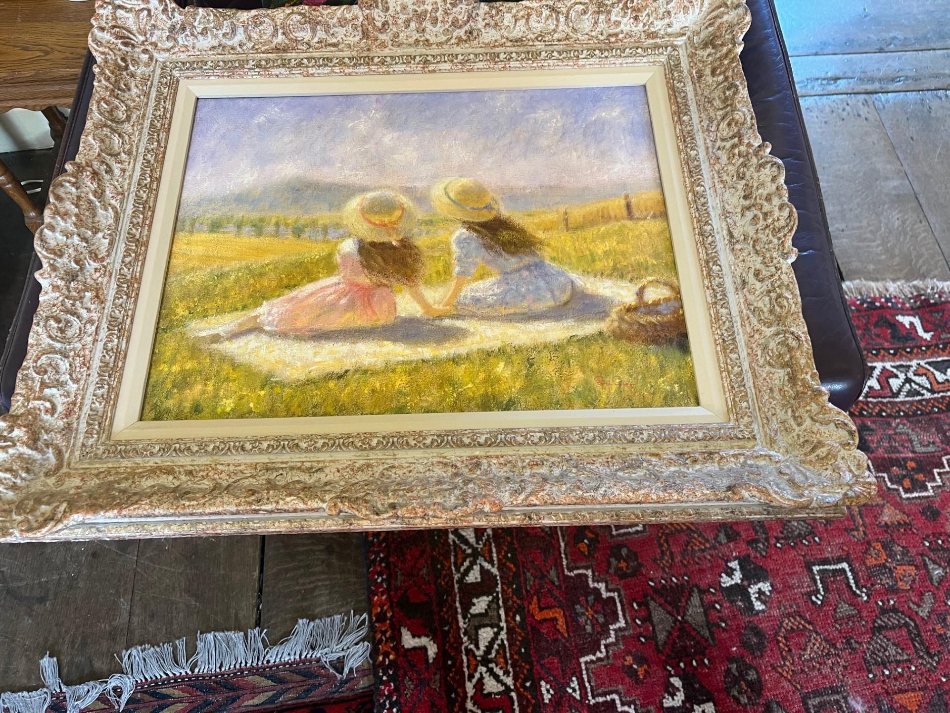 2 girls on picnic in meadow towards Clee Hill, Shrops.impressionist oil painting For Sale 1