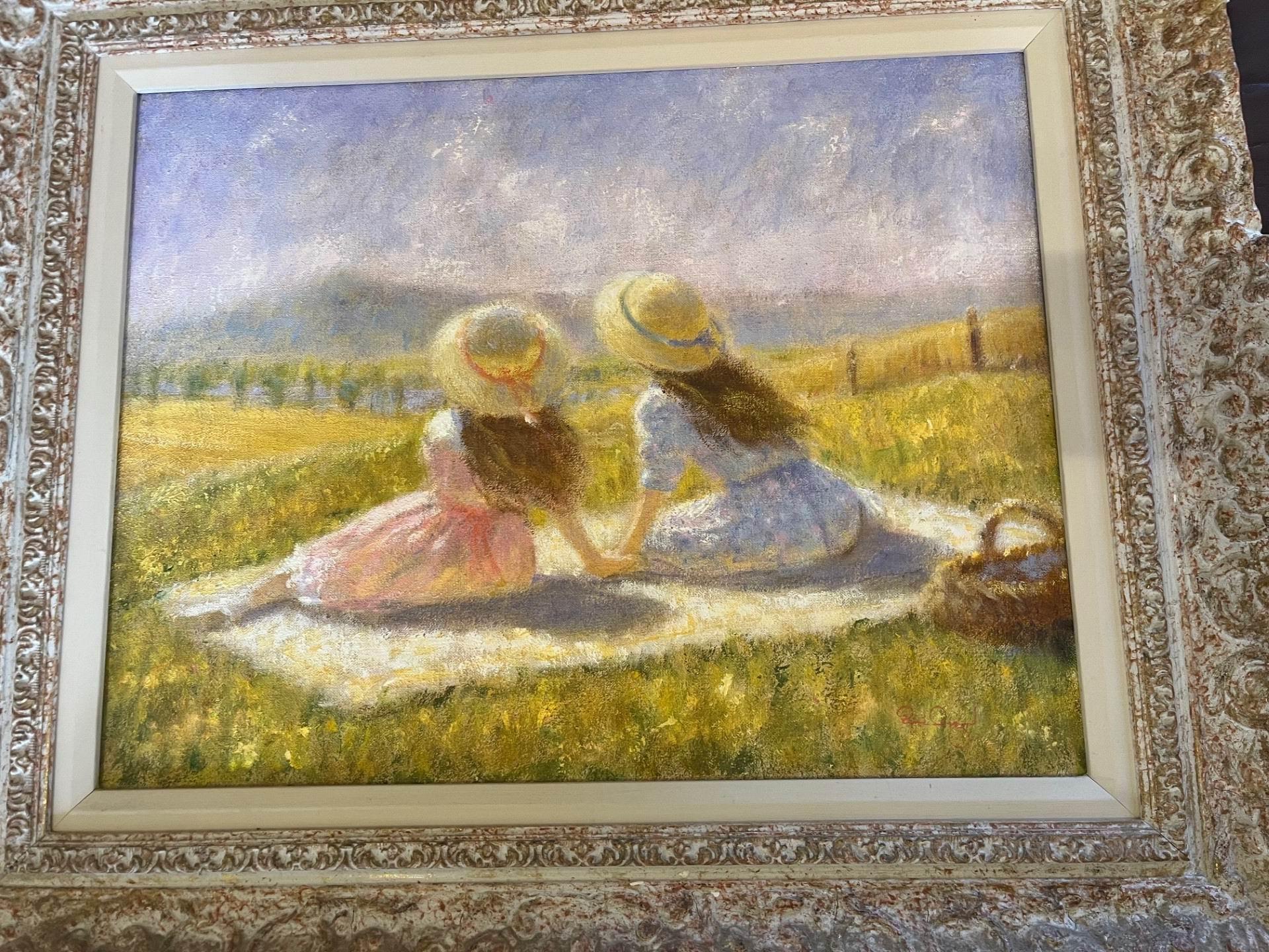 2 girls on picnic in meadow towards Clee Hill, Shrops.impressionist oil painting - Art by Rene Jerome Legrand