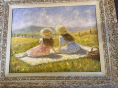 2 girls on picnic in meadow towards Clee Hill, Shrops.impressionist oil painting