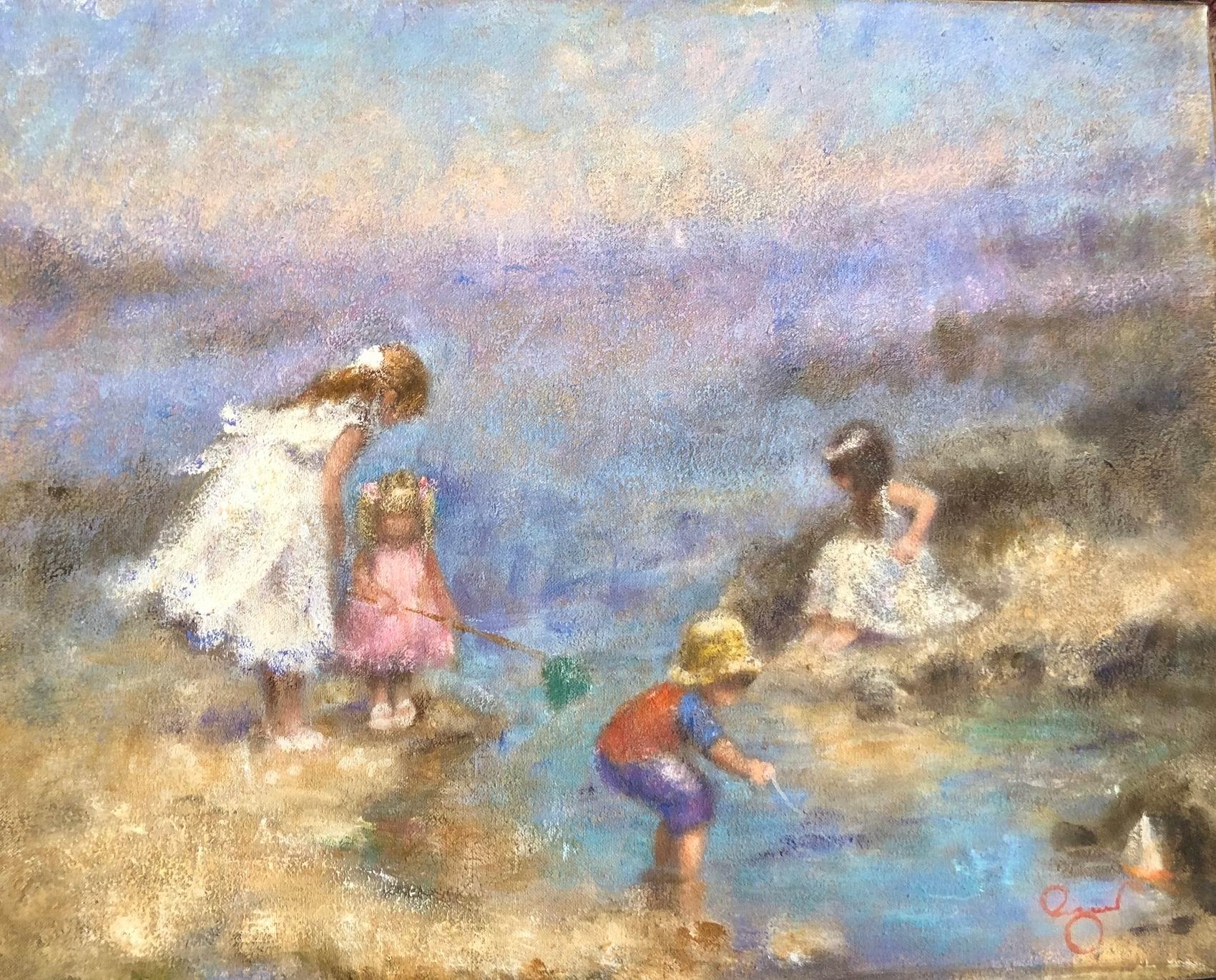 Figurative Painting Rene Jerome Legrand - Scène de plage  Les enfants au bord de la mer jouant dans un rockpool - grande peinture à l'huile