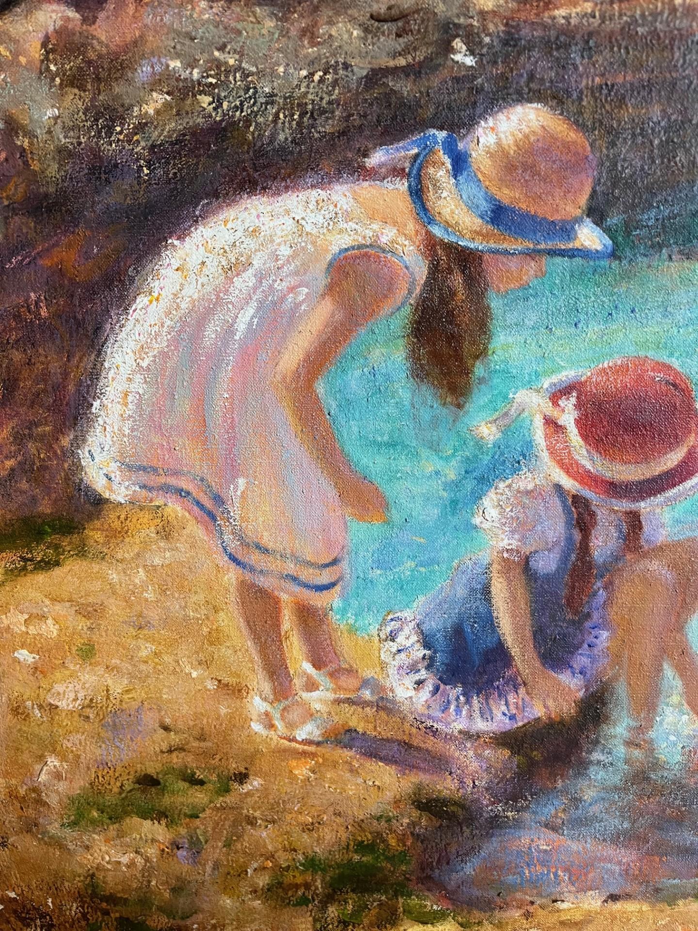 Traditional Contemporary Impressionist Oil painting Children playing at Beach - Brown Figurative Painting by Rene Jerome Legrand