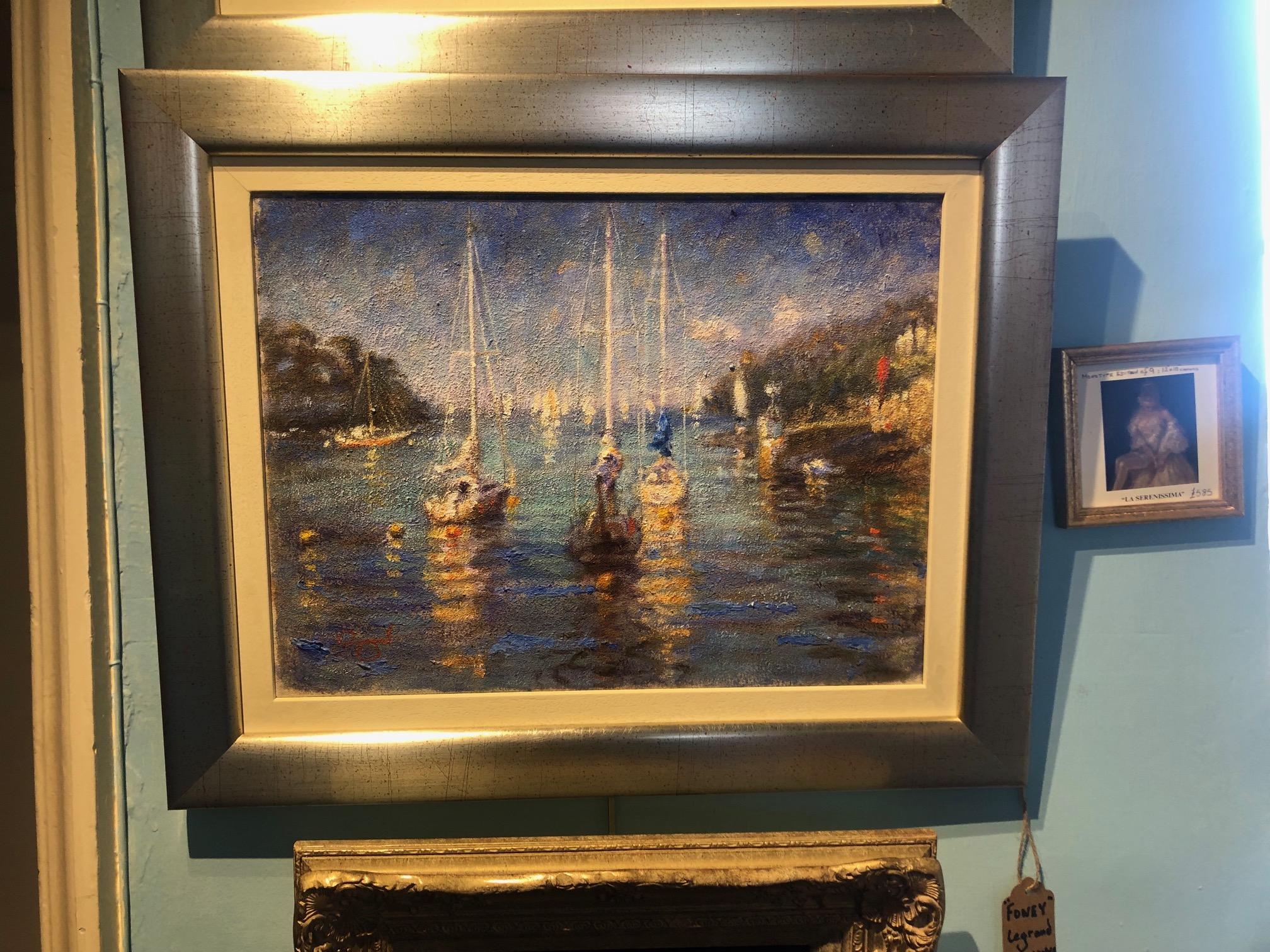 Dipinto a olio di paesaggio marino impressionista contemporaneo con barche a vela a Fowey in Cornovaglia.  Olio grande  Quadro di barche a vela nell'estuario di Fowey e vista sul mare.

