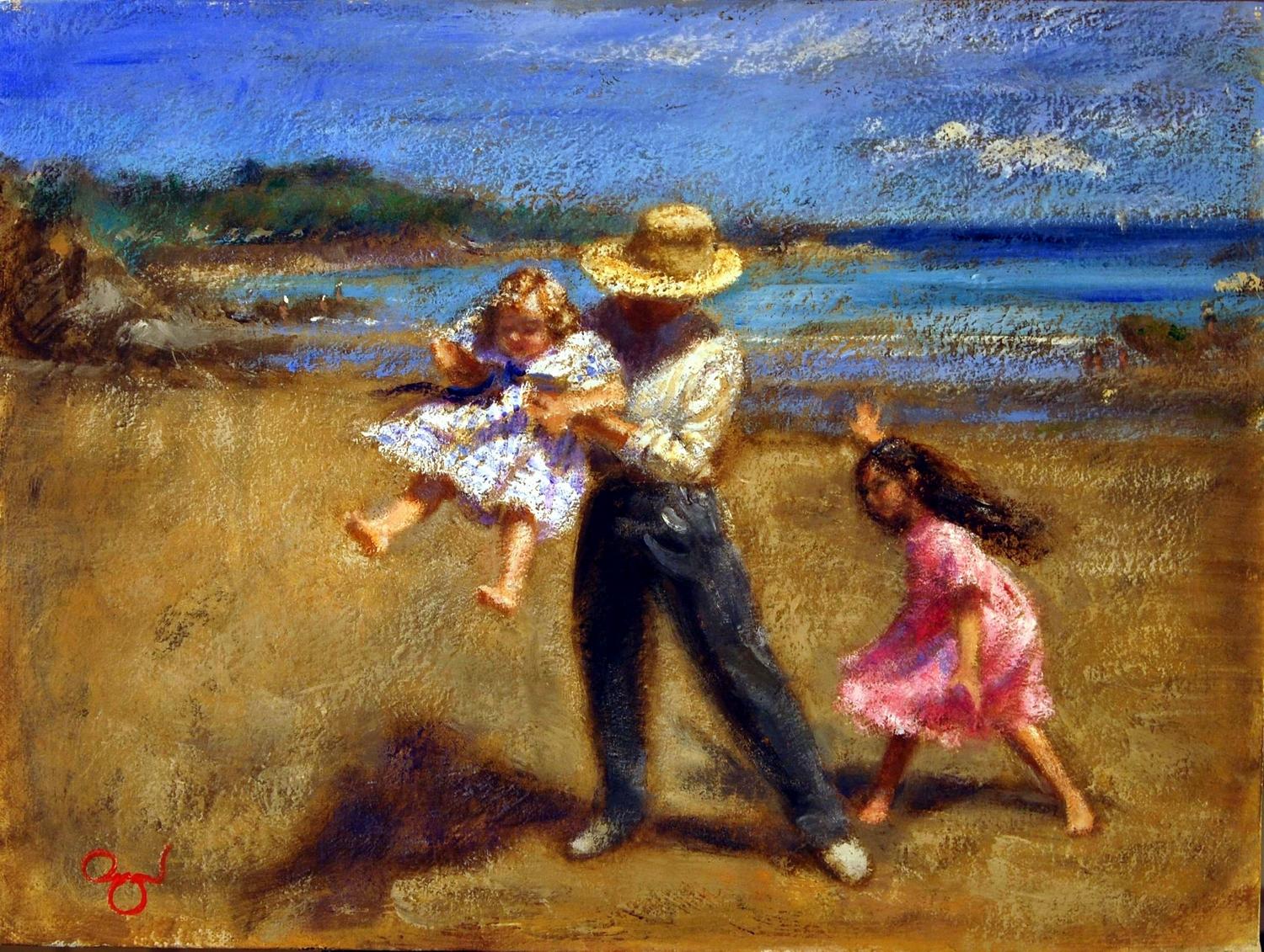Rene Jerome Legrand Figurative Painting - Children playing at beach Large bright impressionist well framed oil painting