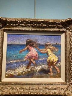 Children Jumping Waves on  Sunny Beach, small bright Impressionist oil painting
