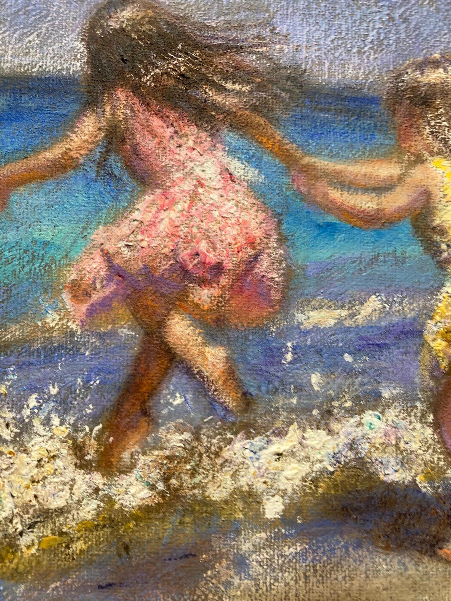 Niños saltando olas en  Sunny Beach, pequeño óleo impresionista brillante - Figurative Painting Gris de Rene Jerome Legrand