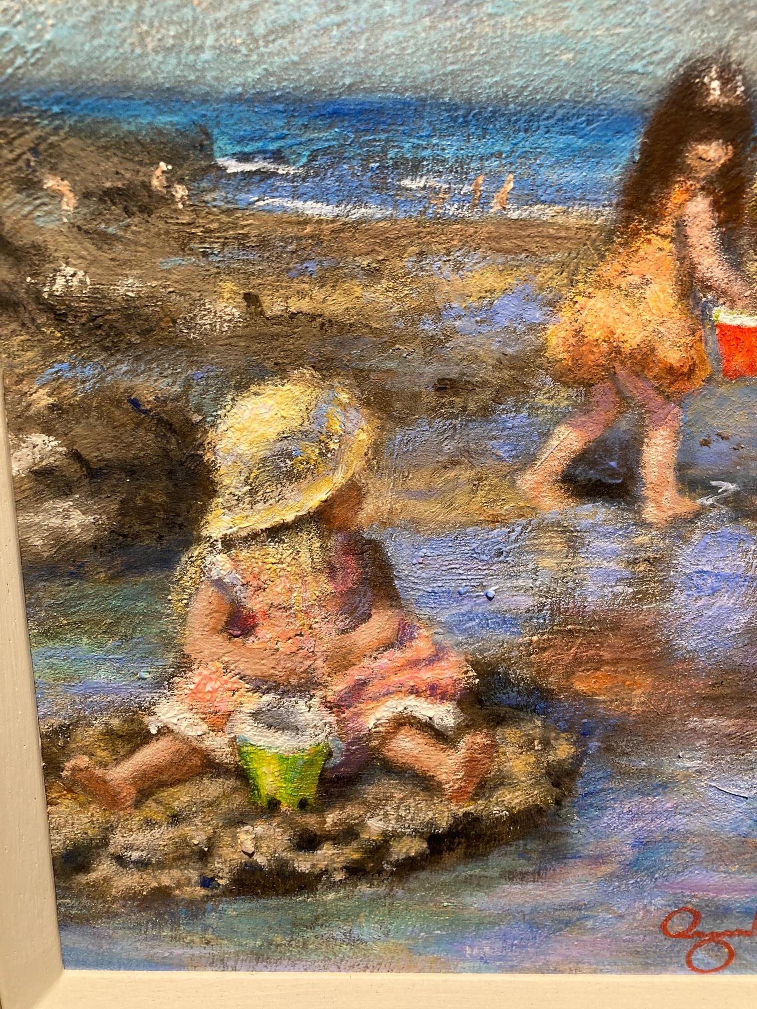 Children Playing in the Rockpools on the Beach. small oil painting - Painting by Rene Jerome Legrand