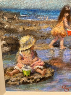 Children Playing in Rockpools, buckets and spades at Beach. small oil painting