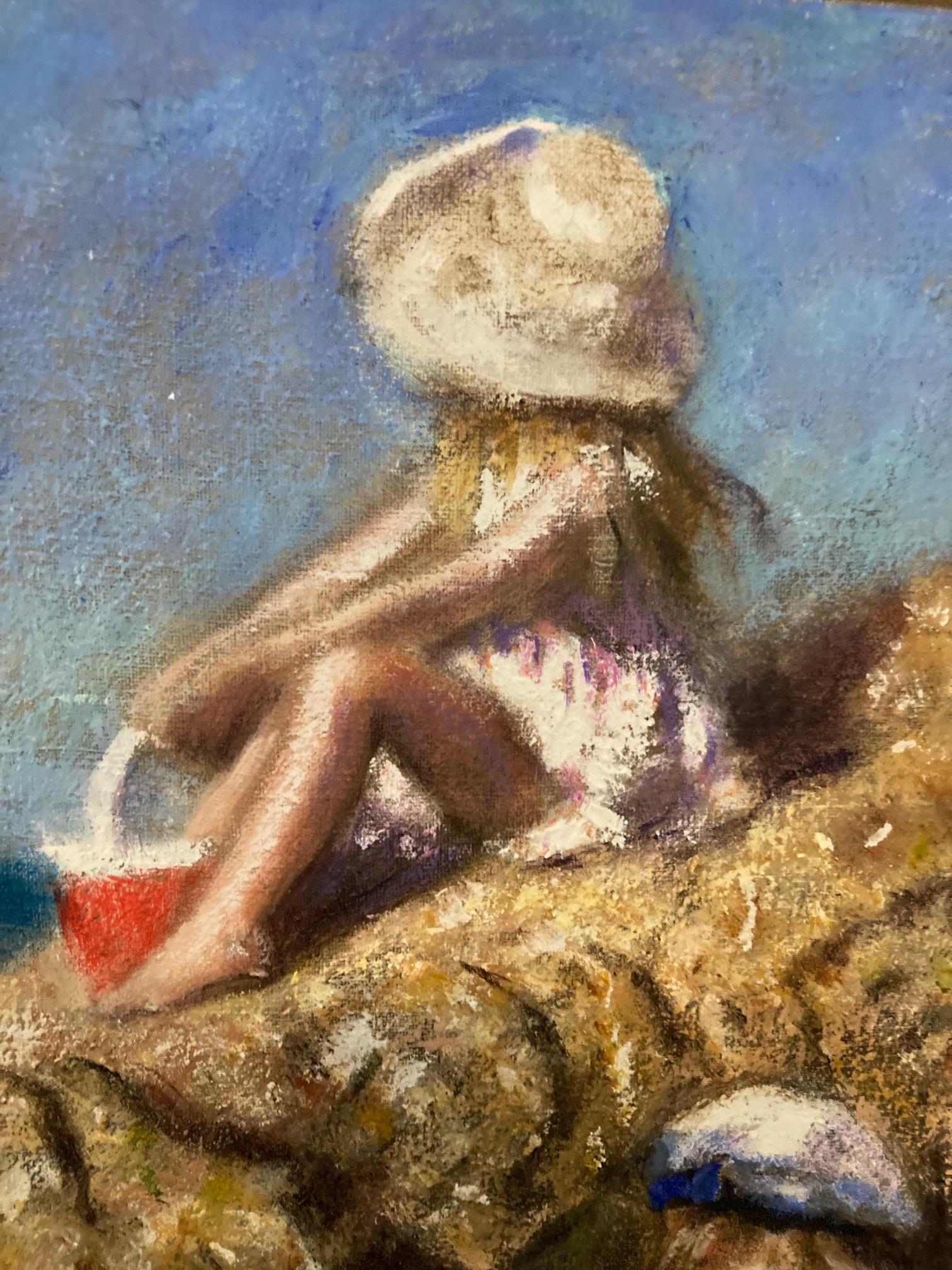 Children Playing on rocks at the  Beach sunny day, small oil painting - Painting by Rene Jerome Legrand