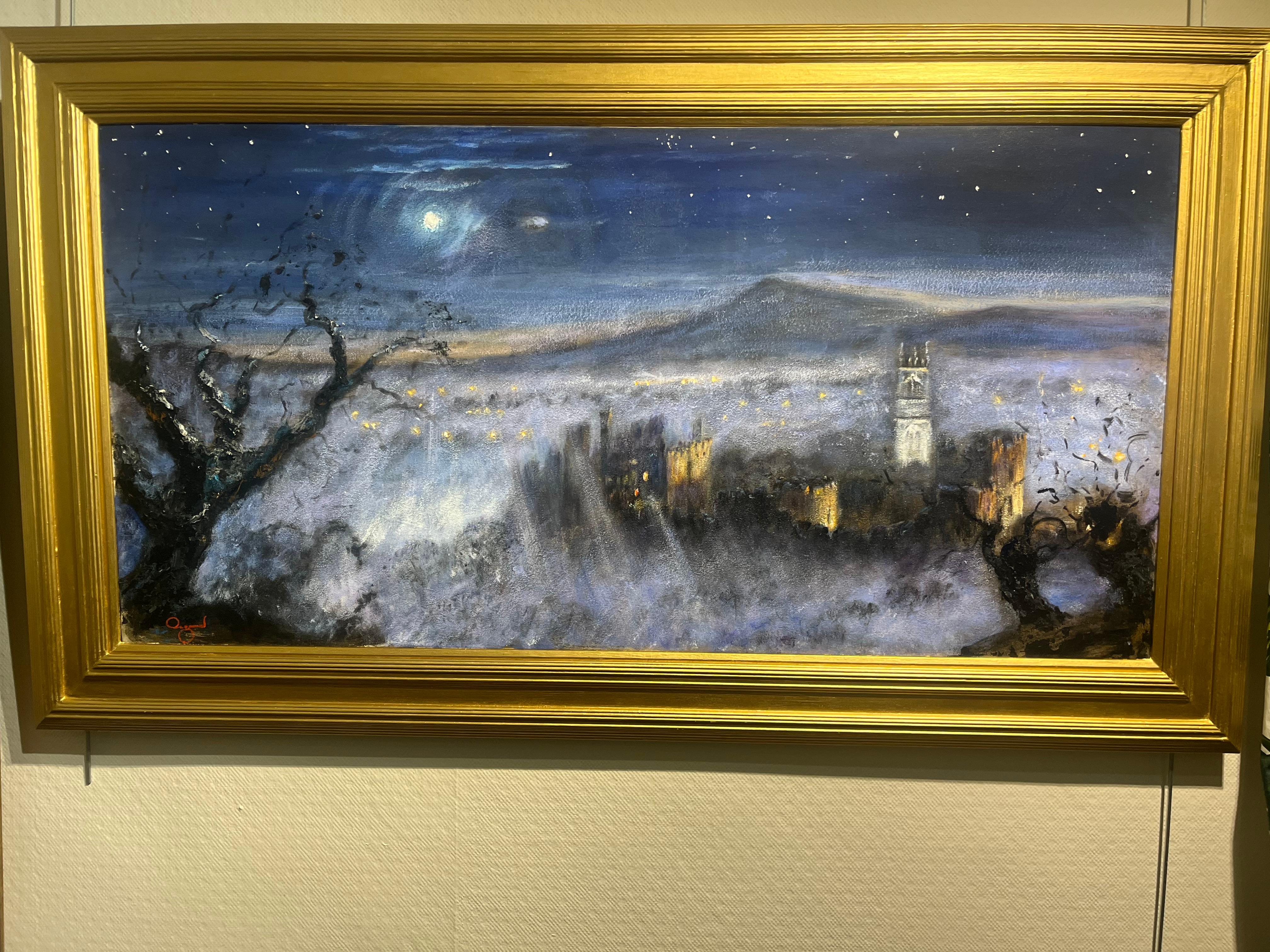 Huile impressionniste contemporaine Paysage Nocturne Château de Ludlow et Shropshire