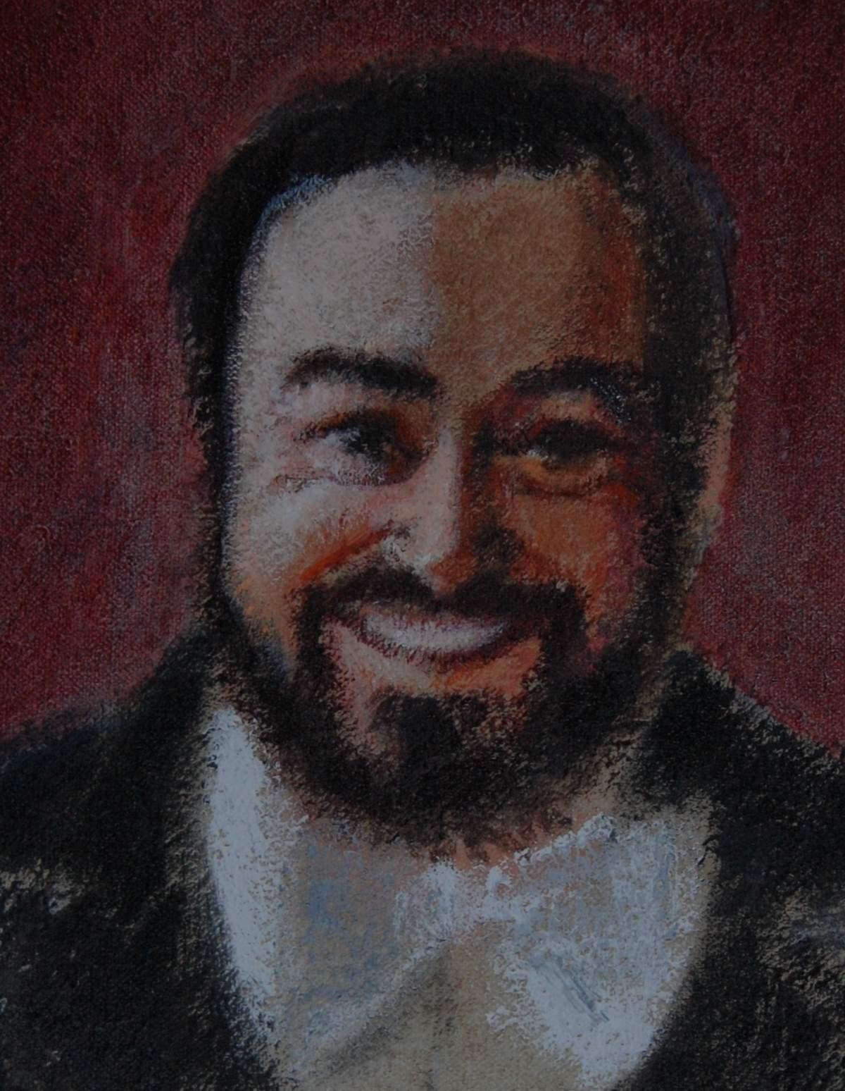 Ritratto ad olio originale contemporaneo di Luciano Pavarotti, uno dei cantanti lirici tenori più venerati di tutti i tempi.  Con una grande voce e un sorriso ancora più grande, è immediatamente riconoscibile.  Questo piccolo ritratto cattura