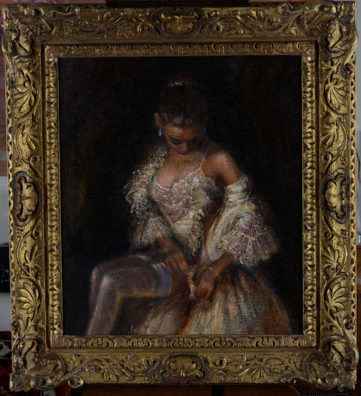 Beautiful Model in lingerie adjusting her silk stocking Large Oil  in Gold Frame - Painting by Rene Jerome Legrand