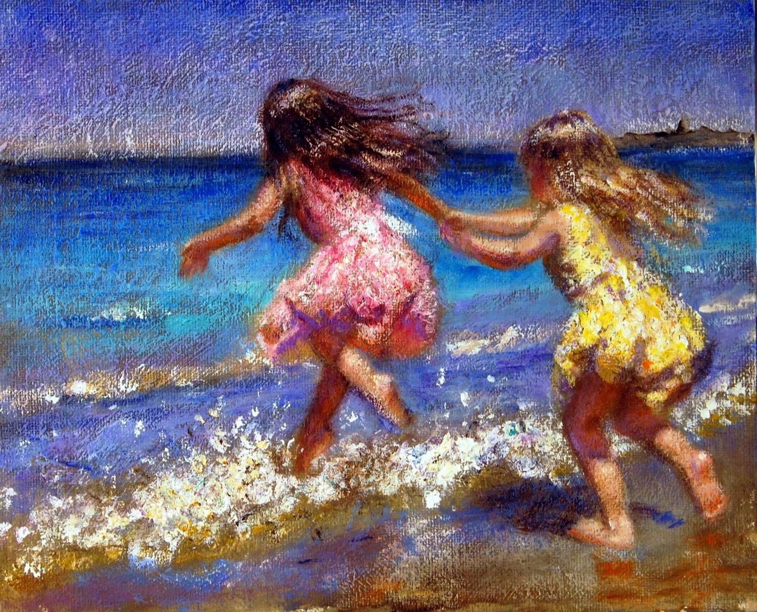 Children Jumping Waves on  Sunny Beach, small bright Impressionist oil painting