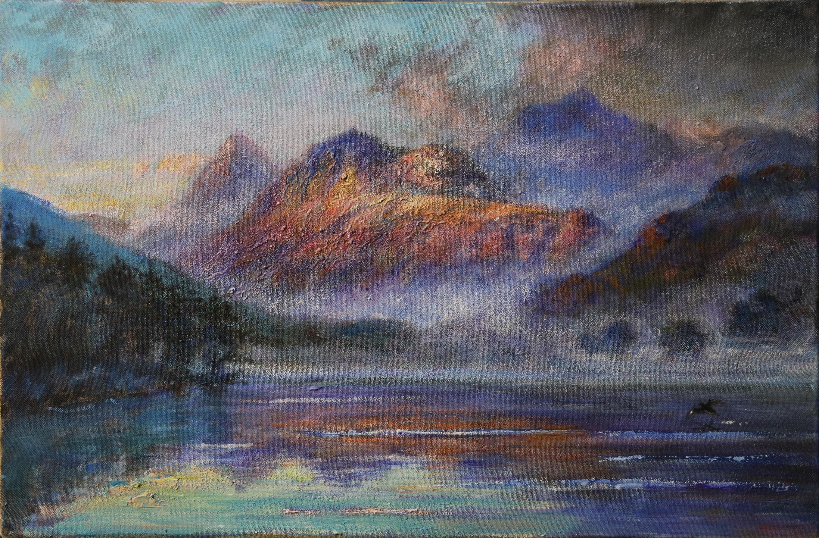 Rene Jerome Legrand Landscape Painting – Langdale Pikes, Lake District, England, Berge, Nebel und See-Szene, Original