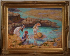 Traditional Contemporary Impressionist Oil painting Children playing at Beach