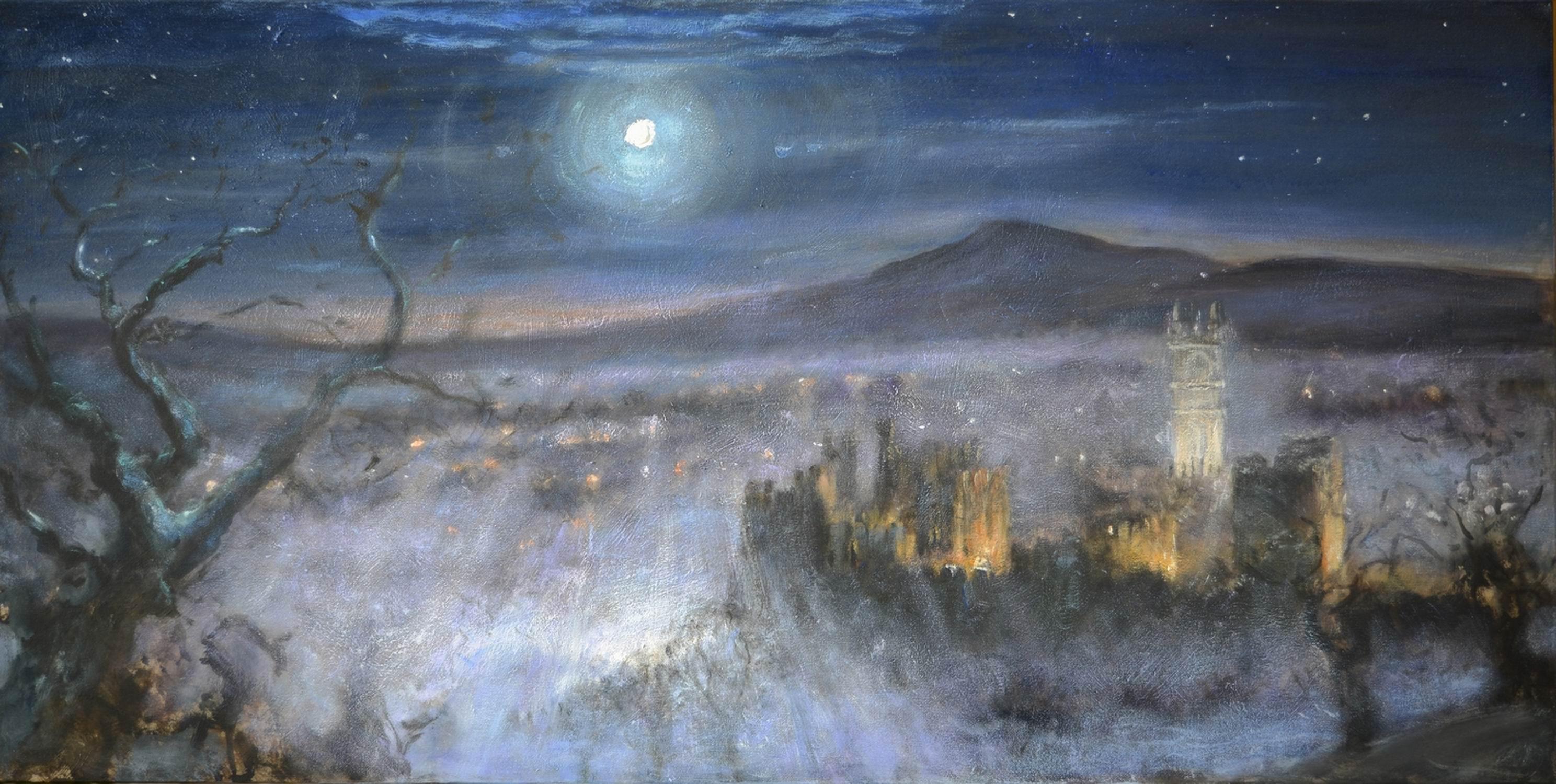 Ludlow Castle and Clee Hill Shropshire at Night Landscape, Large Oil Painting - Art by Rene Jerome Legrand