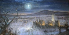 Huile impressionniste contemporaine Paysage Nocturne Château de Ludlow et Shropshire
