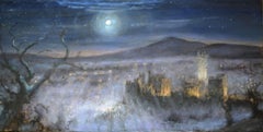 Grande peinture à l'huile de Ludlow Castle and Clee Hill Shropshire at Night Landscape