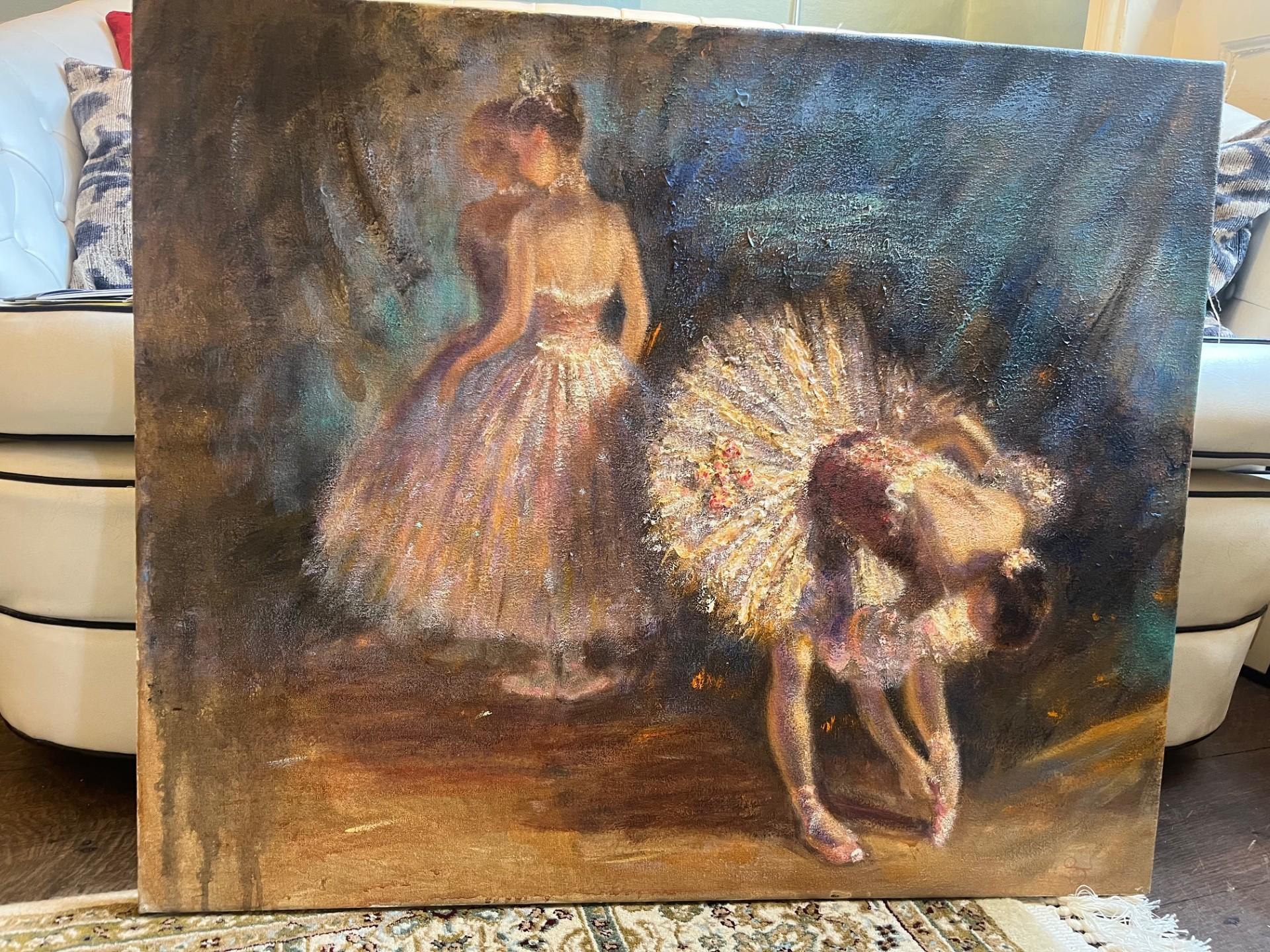 Modern Impressionist Ballet Scene of Three Dancers Backstage in Tutus a Signed Oil Painting on Canvas, mounted on stretchers and framed in bespoke handmade Frame.
This is a large Oil Painting with lots of impasto especially on the figure in the
