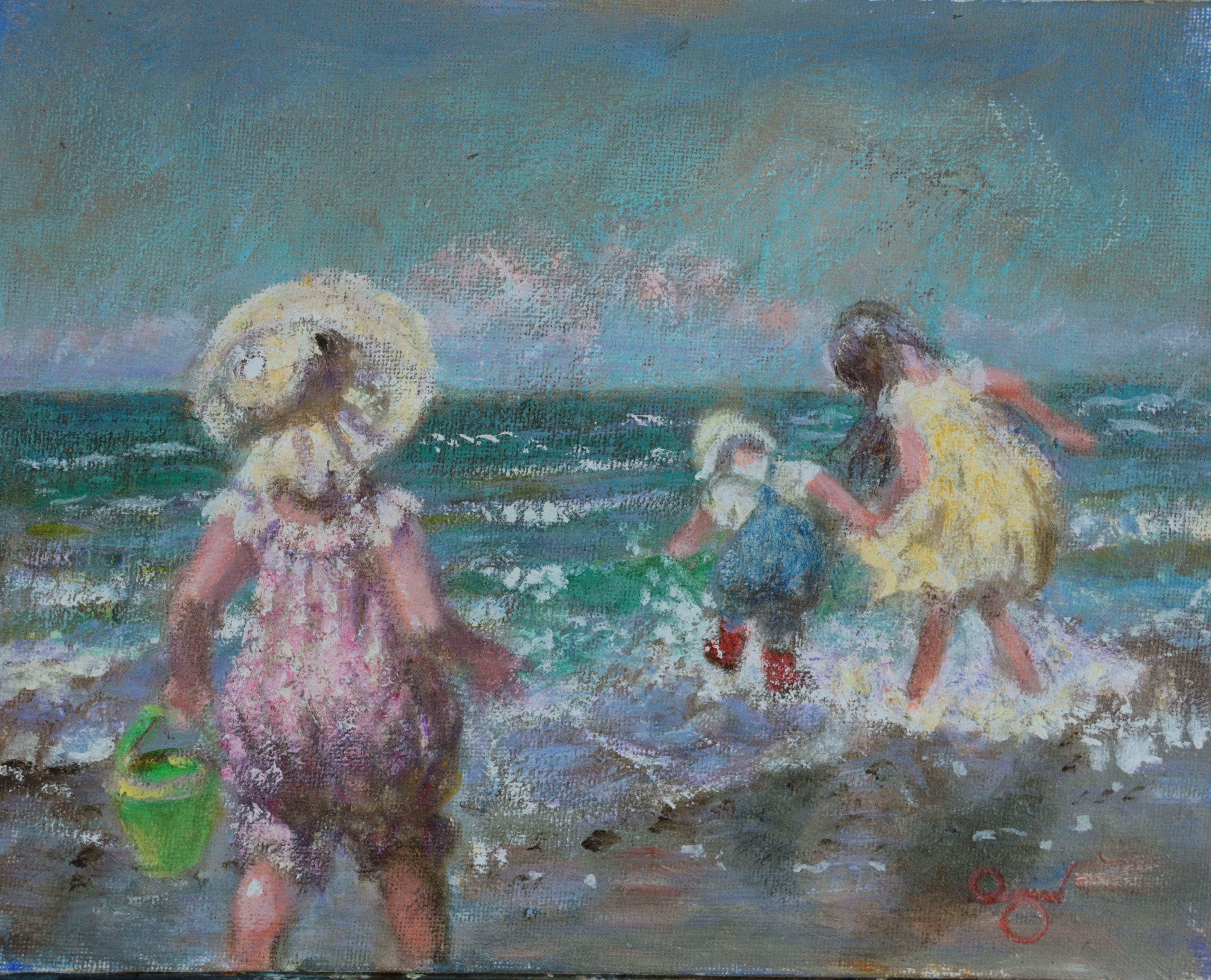 Huile Impressionniste Moderne Scène de Plage de Trois enfants jouant au bord de la mer - Impressionnisme Art par Rene Jerome Legrand