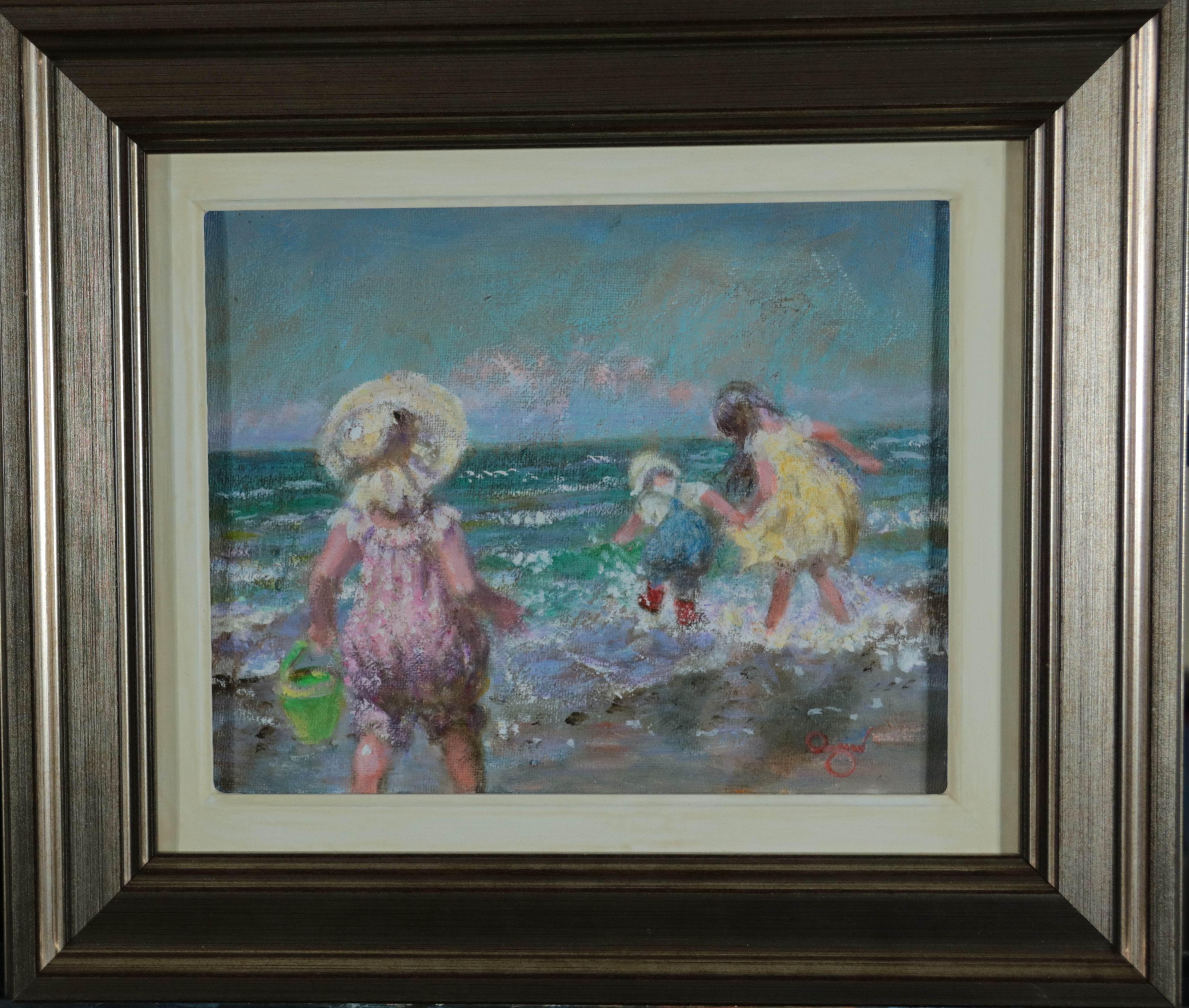 Huile Impressionniste Moderne Scène de Plage de Trois enfants jouant au bord de la mer en vente 1