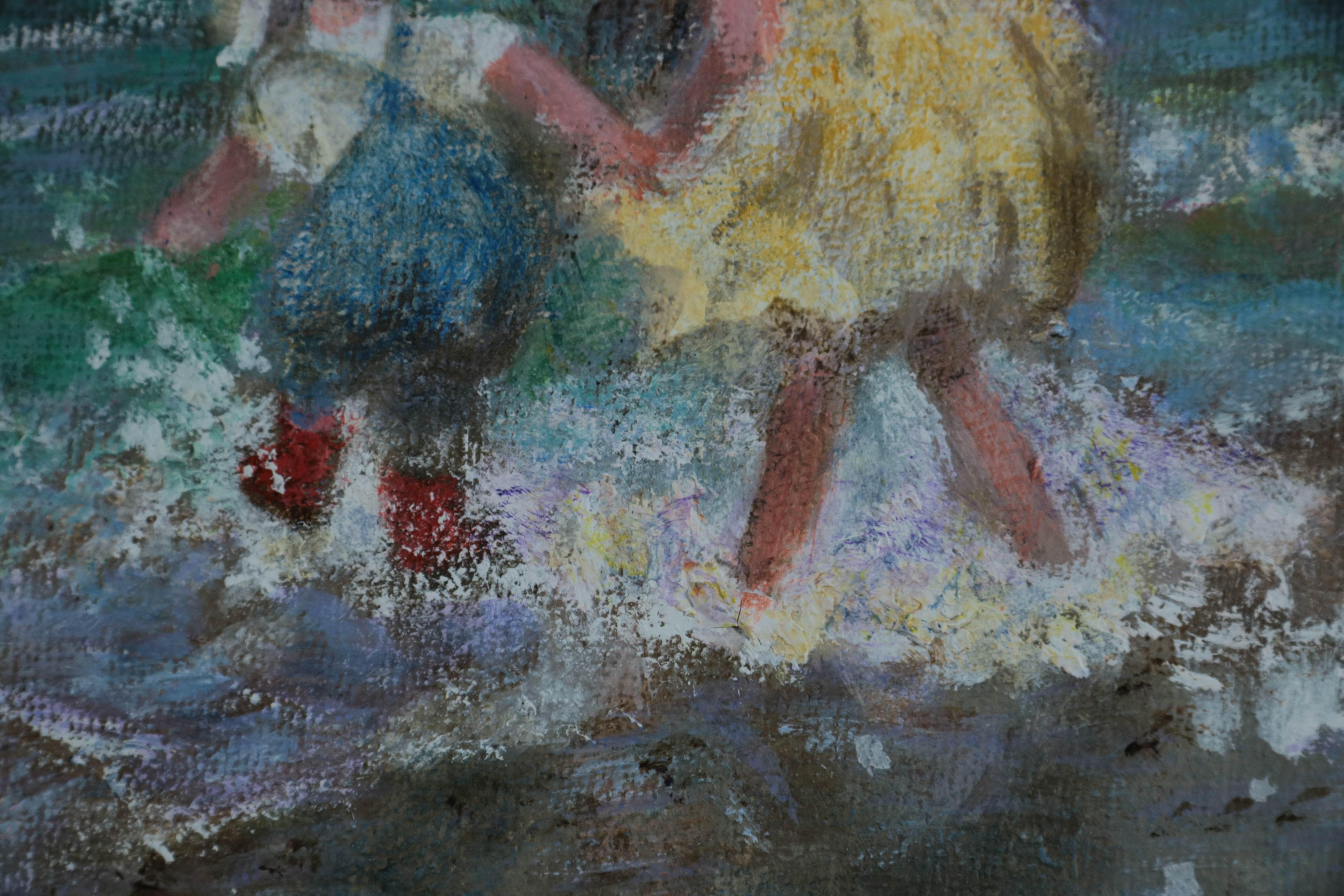 Huile Impressionniste Moderne Scène de Plage de Trois enfants jouant au bord de la mer en vente 2