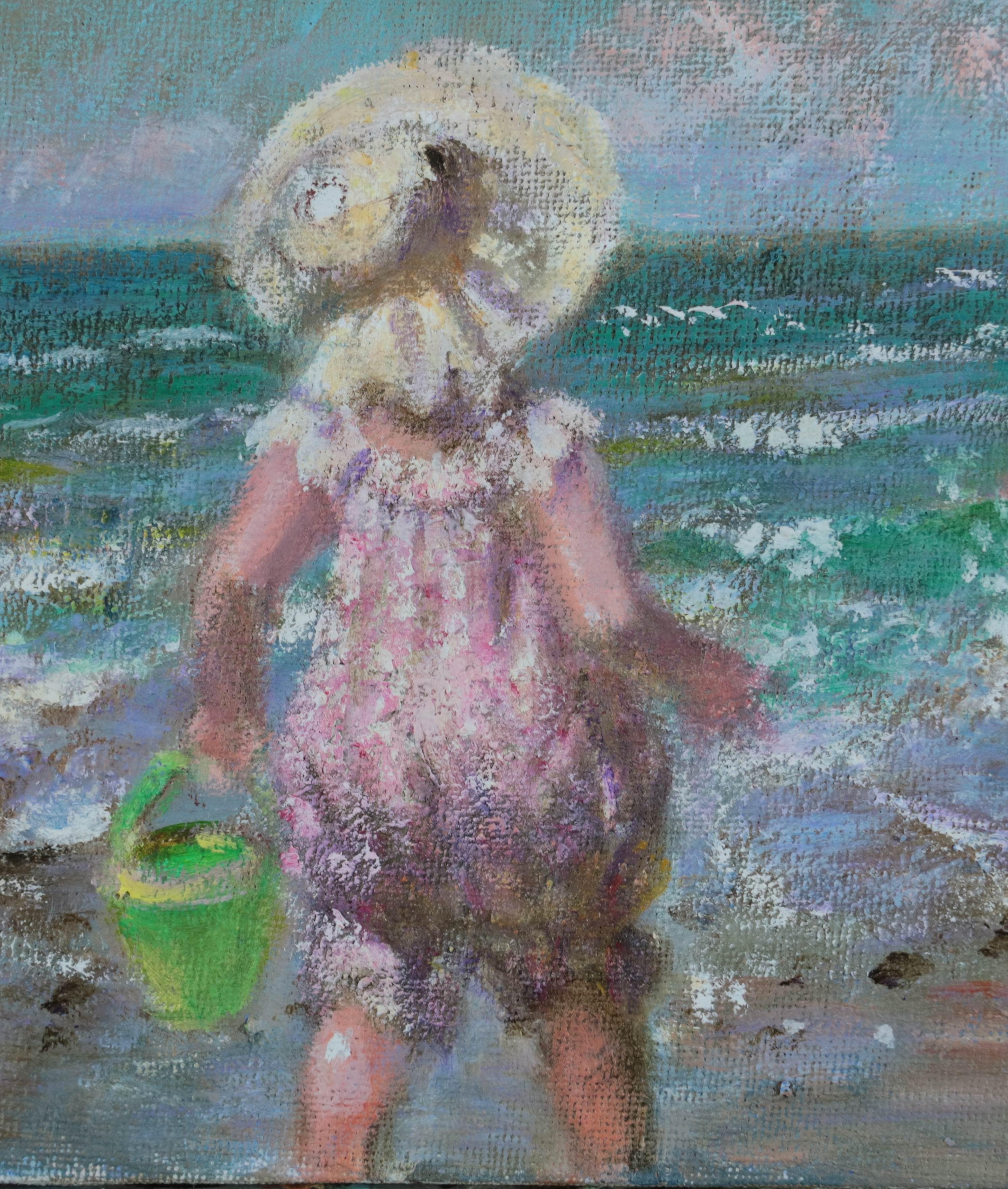Huile Impressionniste Moderne Scène de Plage de Trois enfants jouant au bord de la mer en vente 4