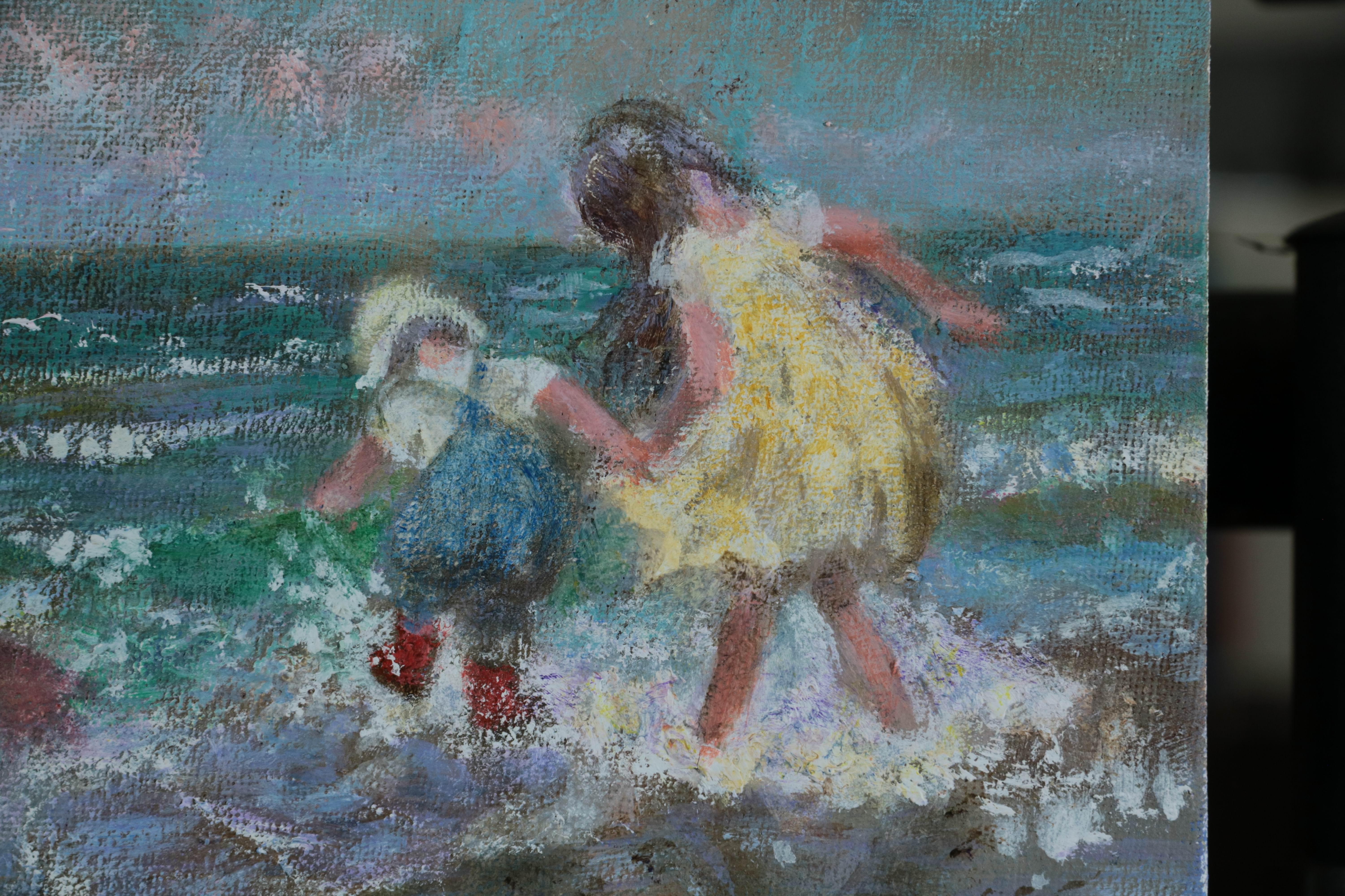 Huile Impressionniste Moderne Scène de Plage de Trois enfants jouant au bord de la mer en vente 5