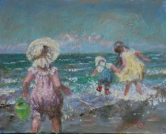 Huile Impressionniste Moderne Scène de Plage de Trois enfants jouant au bord de la mer