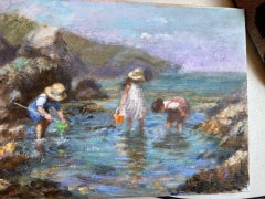 Modern Impressionist Beach Scene Oil of Three children playing on beach